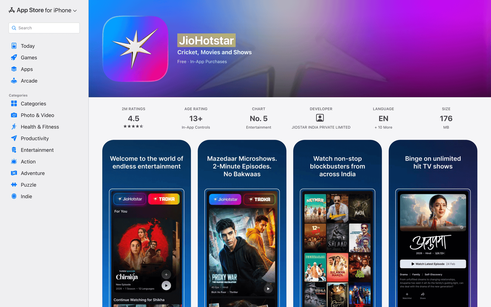 JioHotstar App Store listing with Indian entertainment and streaming previews