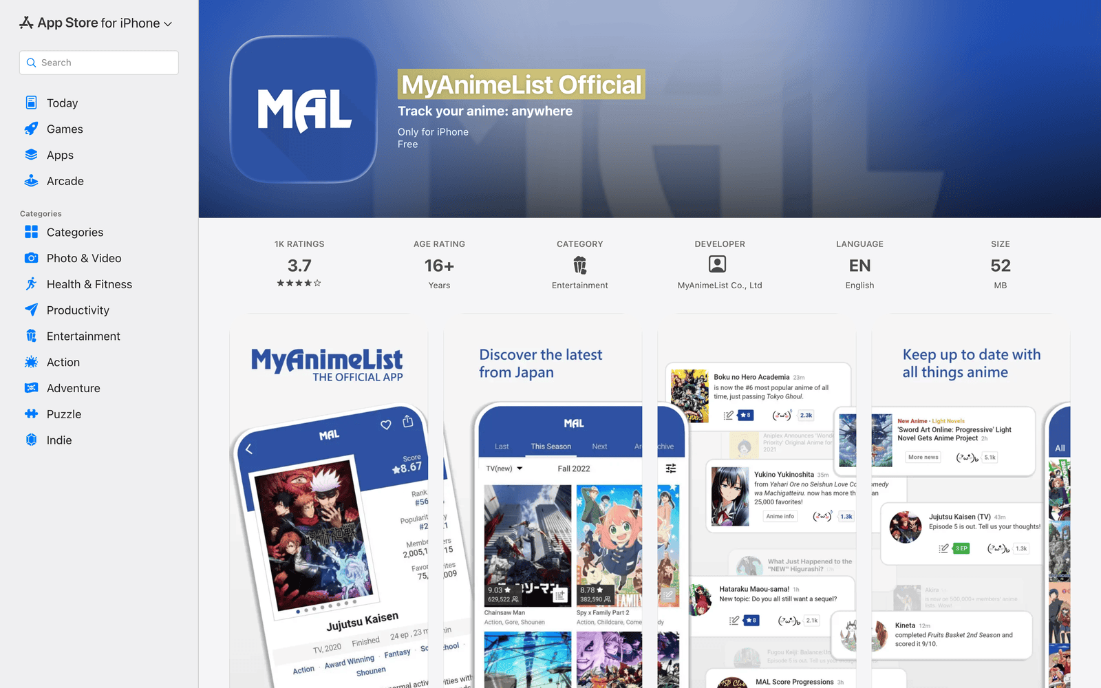 MyAnimeList App Store listing showing anime tracking and discovery features