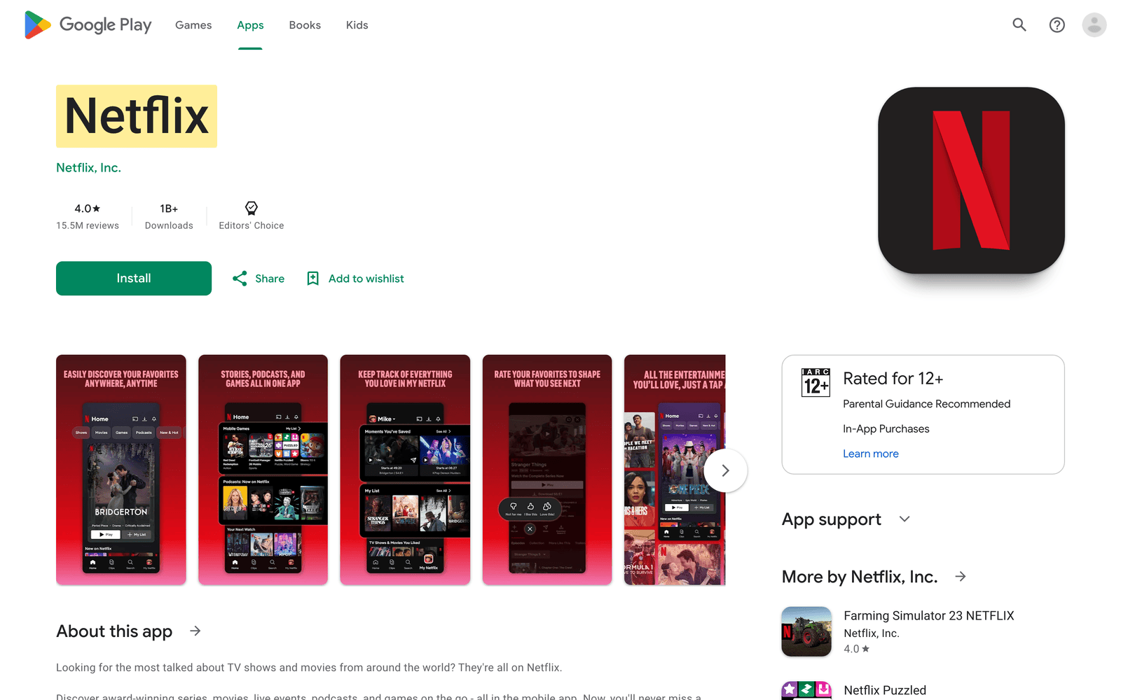 Netflix Google Play listing with mobile streaming interface previews