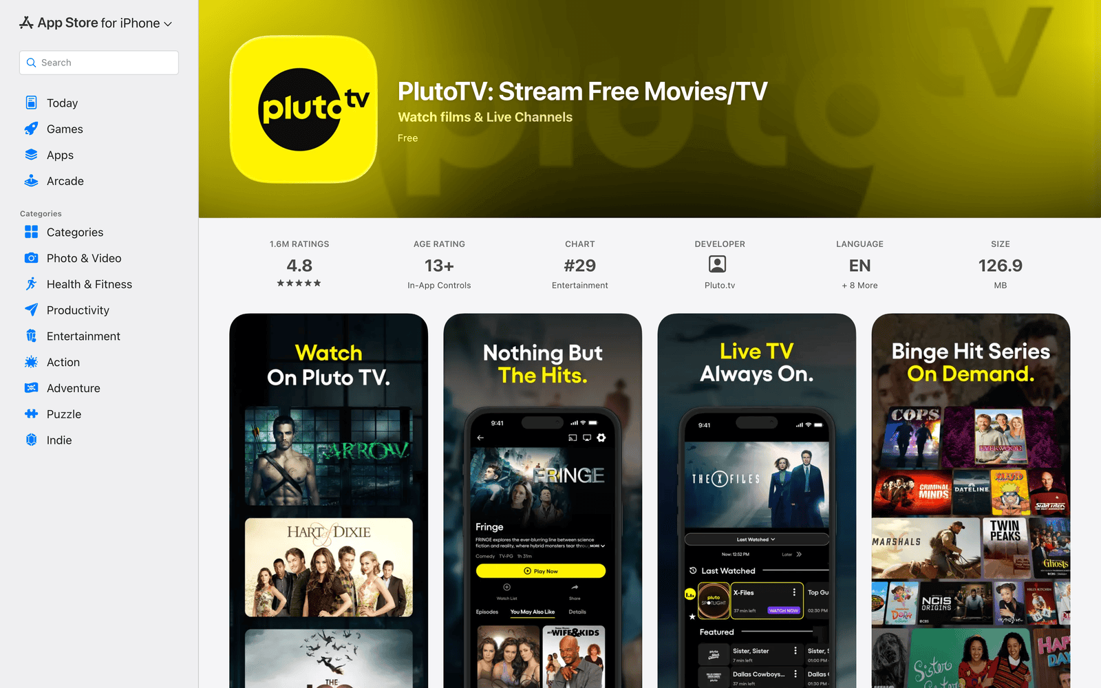 Pluto TV App Store listing with free live channels and on-demand streaming previews