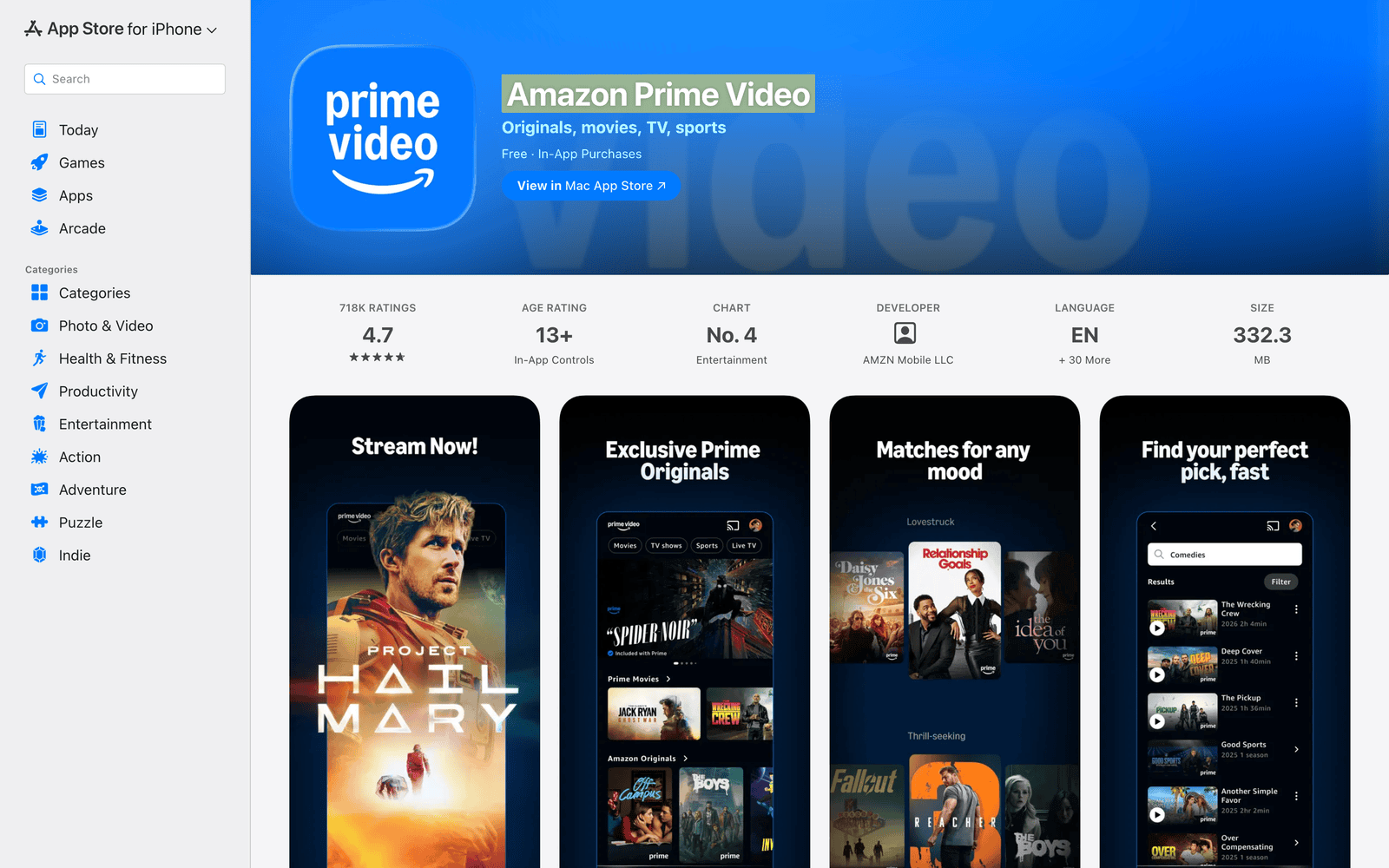Amazon Prime Video App Store listing with streaming and search interface previews