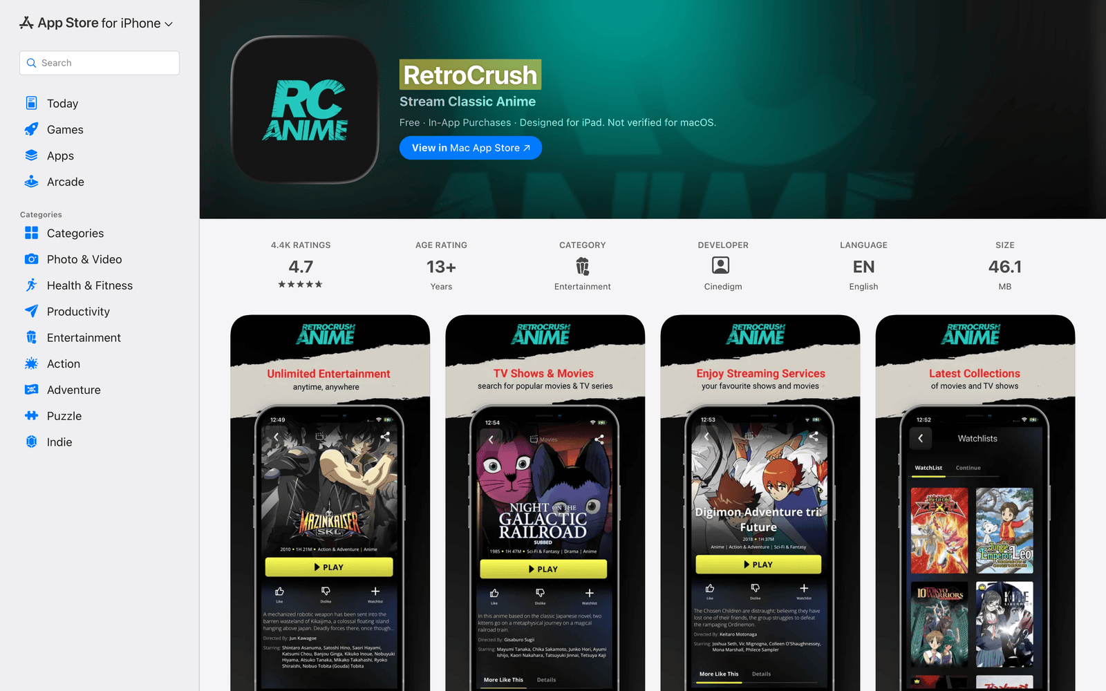 RetroCrush App Store listing with classic anime streaming previews