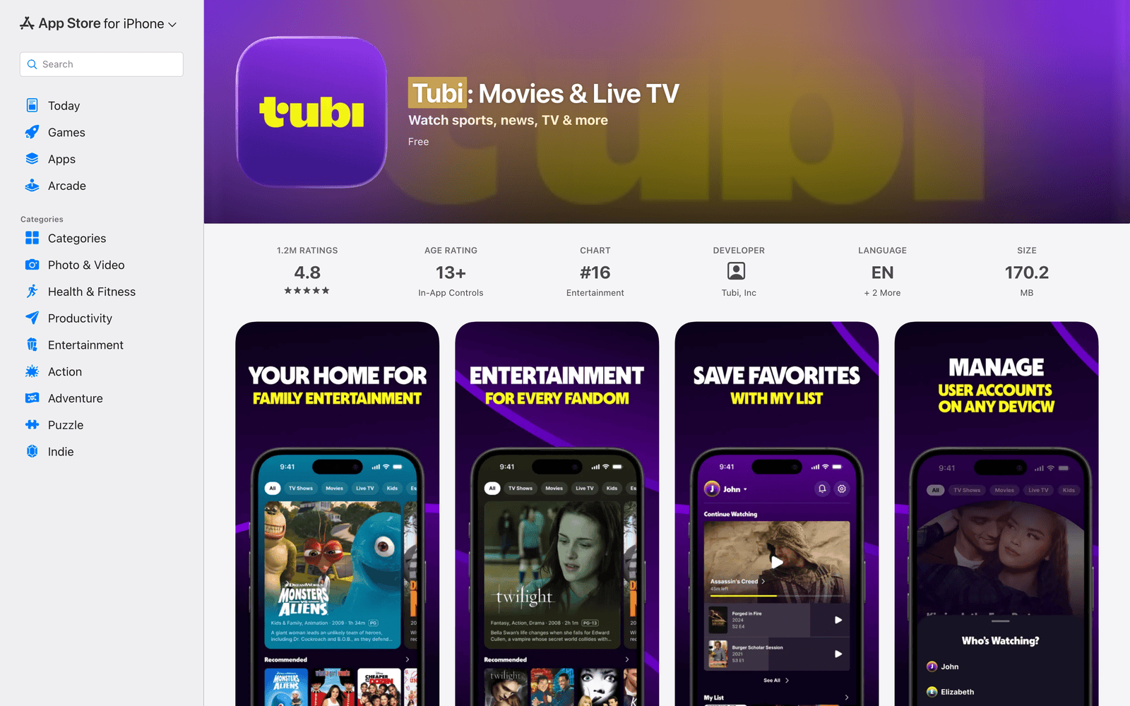 Tubi App Store listing with free streaming and account management previews