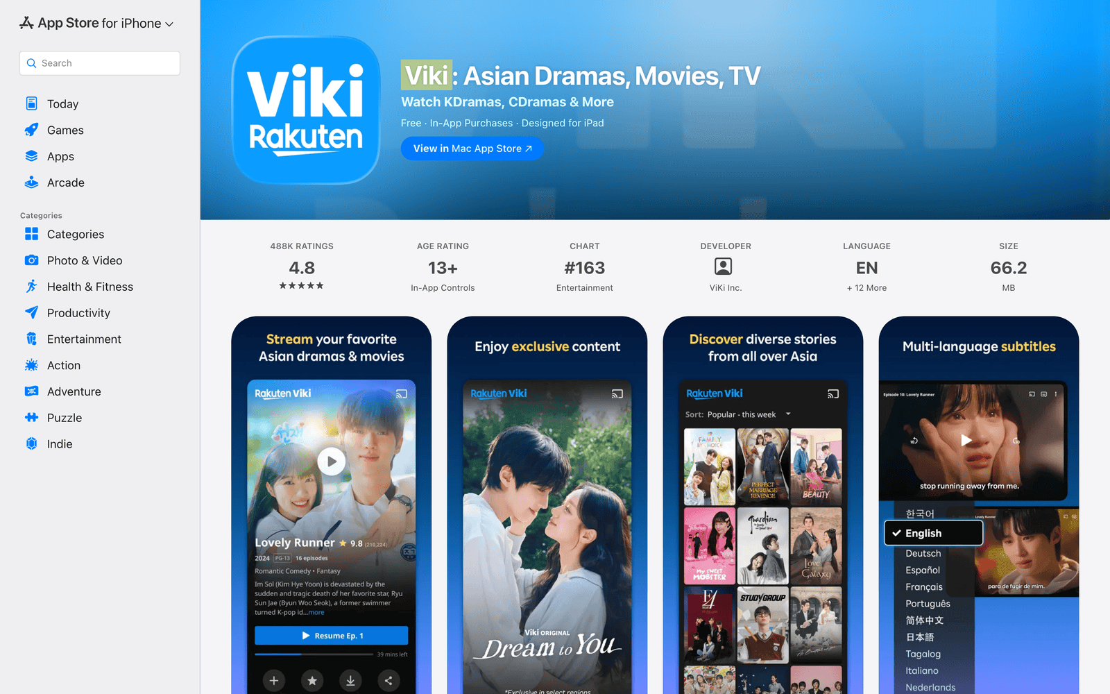 Viki App Store listing with Asian drama and multilingual subtitle previews