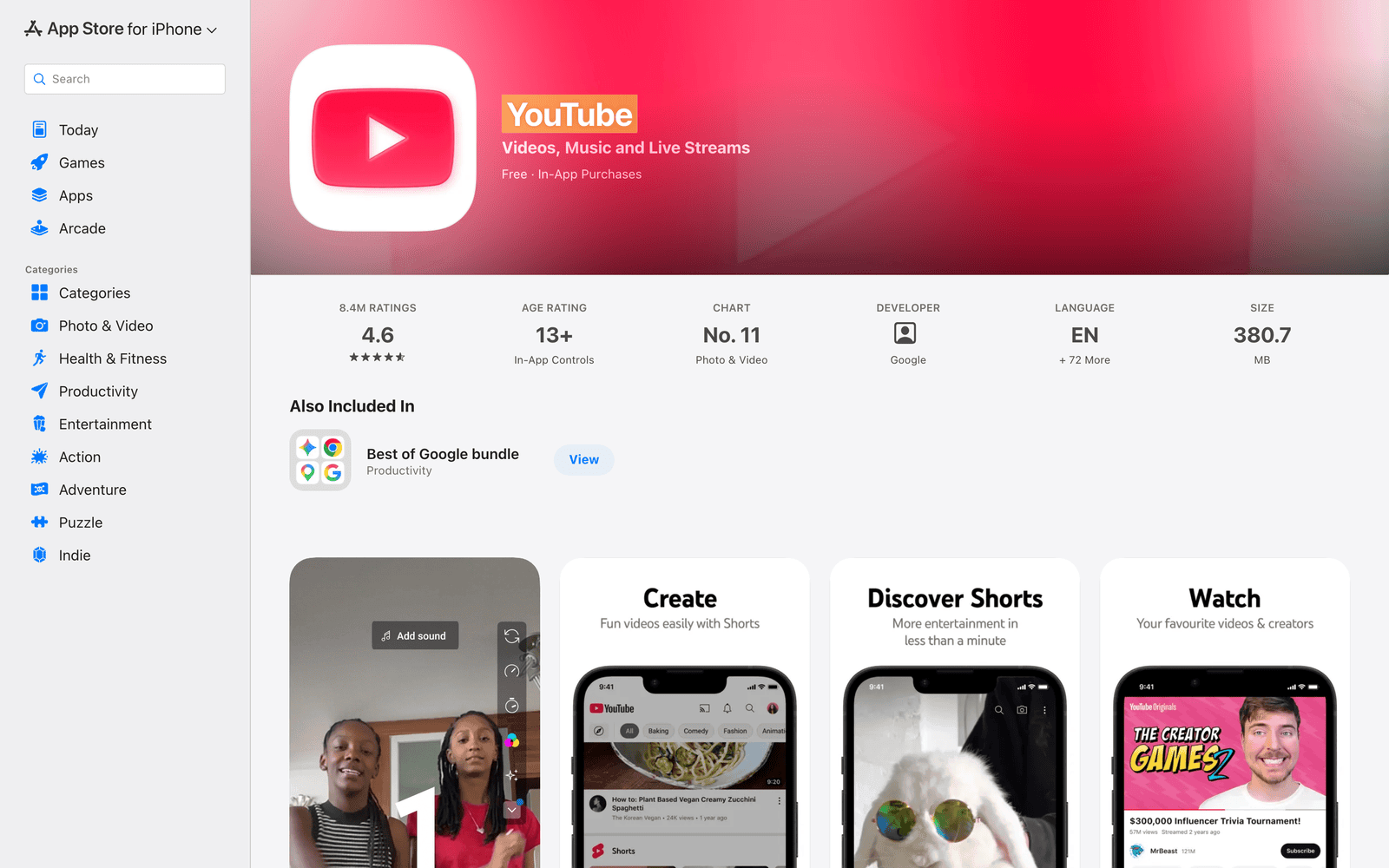 YouTube App Store listing with the official mobile video app interface