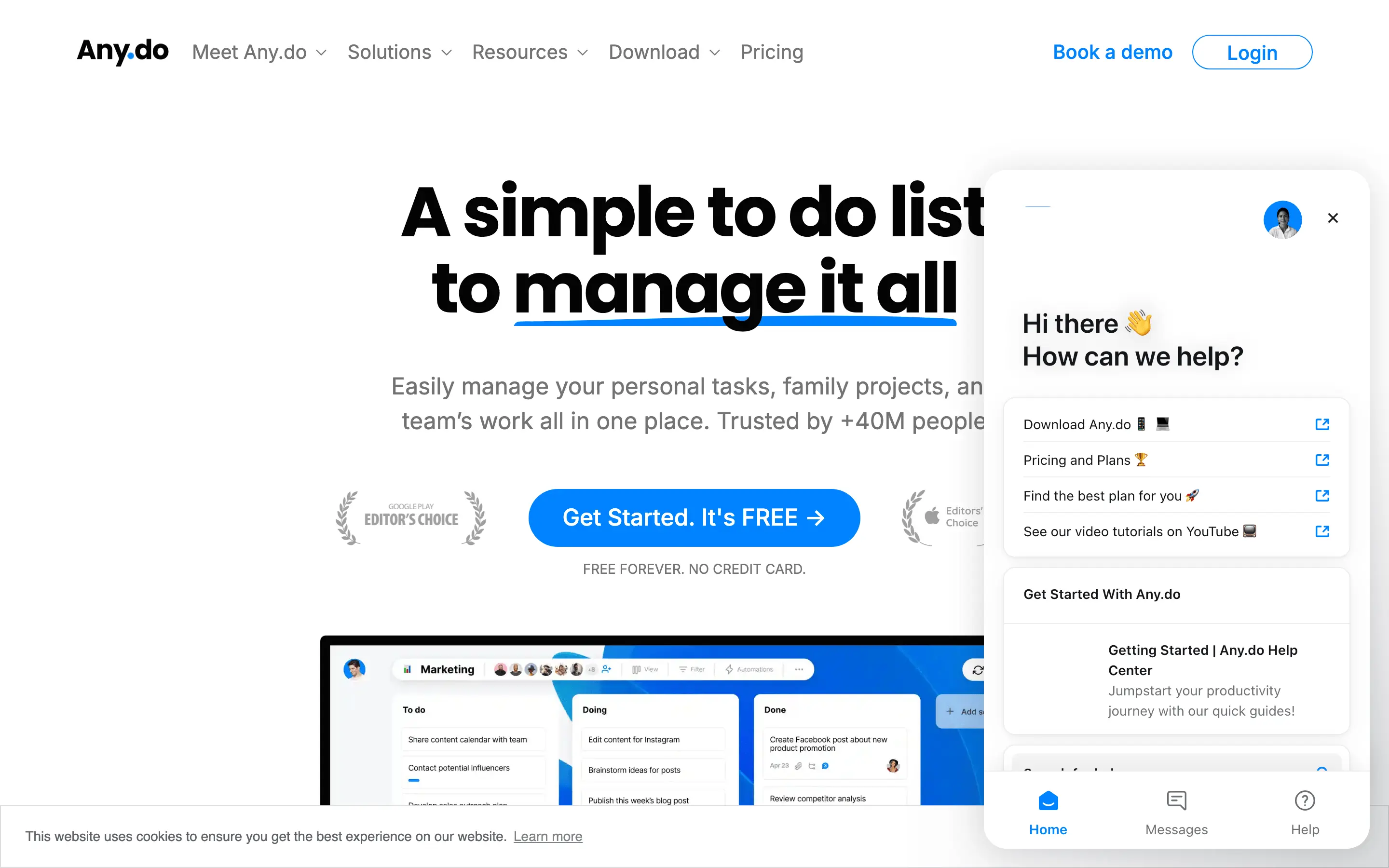 Any.do homepage presenting its free cross-platform to-do list apps