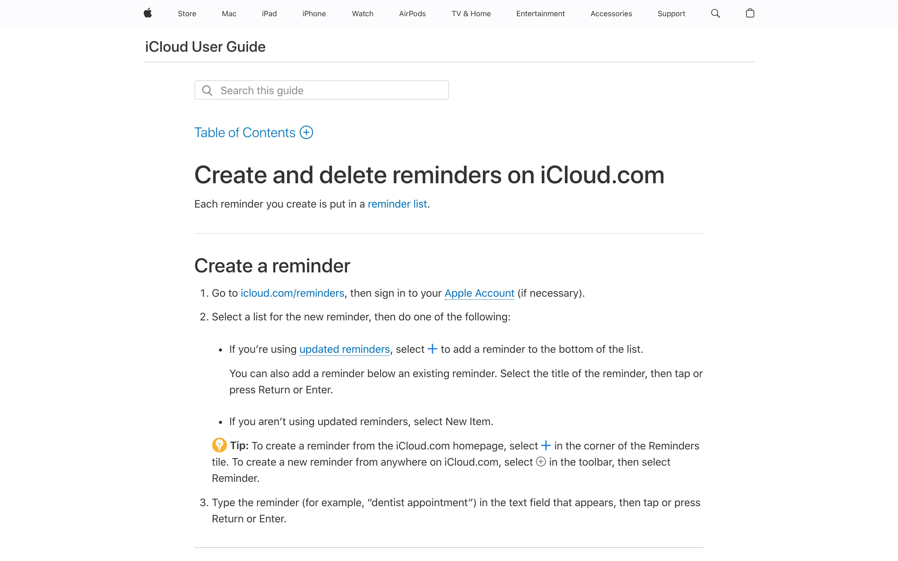 Apple Reminders accessed in a browser through iCloud.com