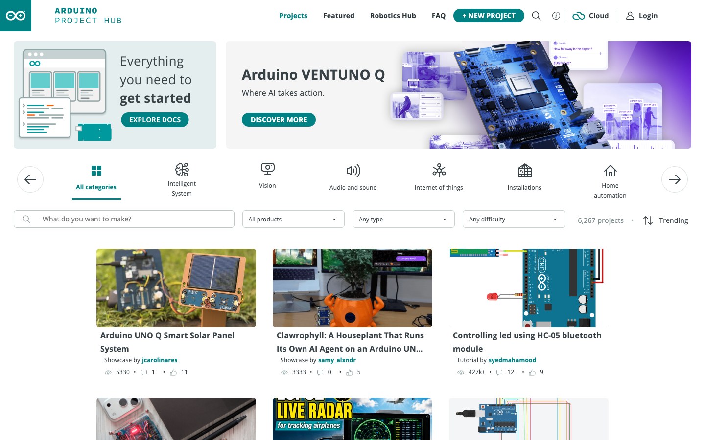 Arduino Project Hub homepage with electronics and robotics projects