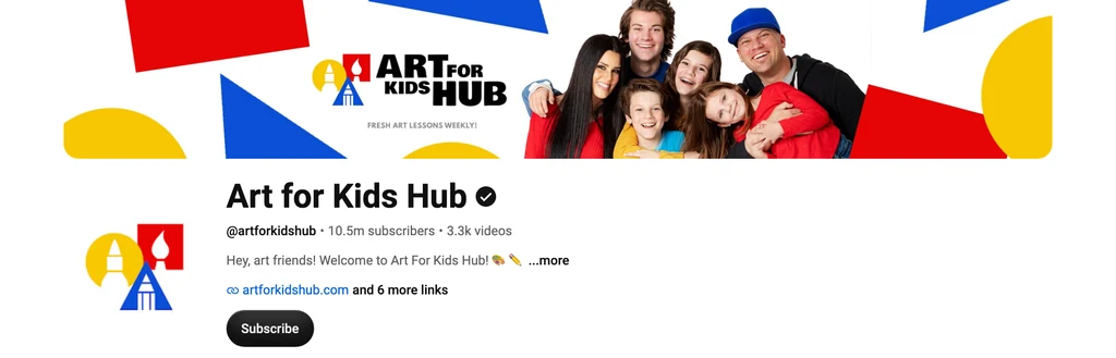 The Art for Kids Hub YouTube channel page, showing the family-run channel banner and its weekly art lesson description.