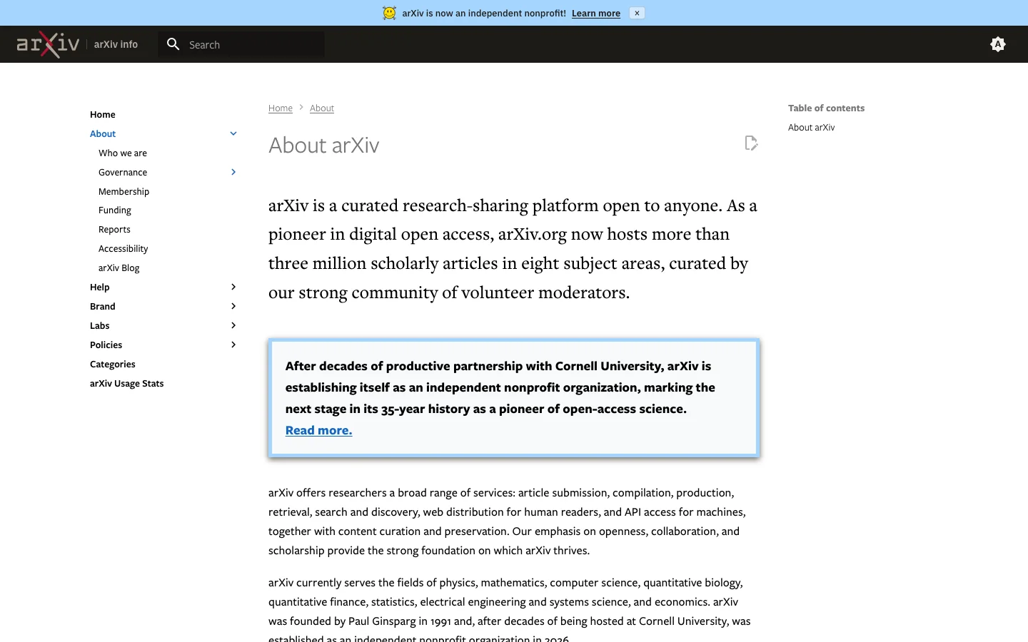 Official arXiv page describing its open repository of scientific preprints