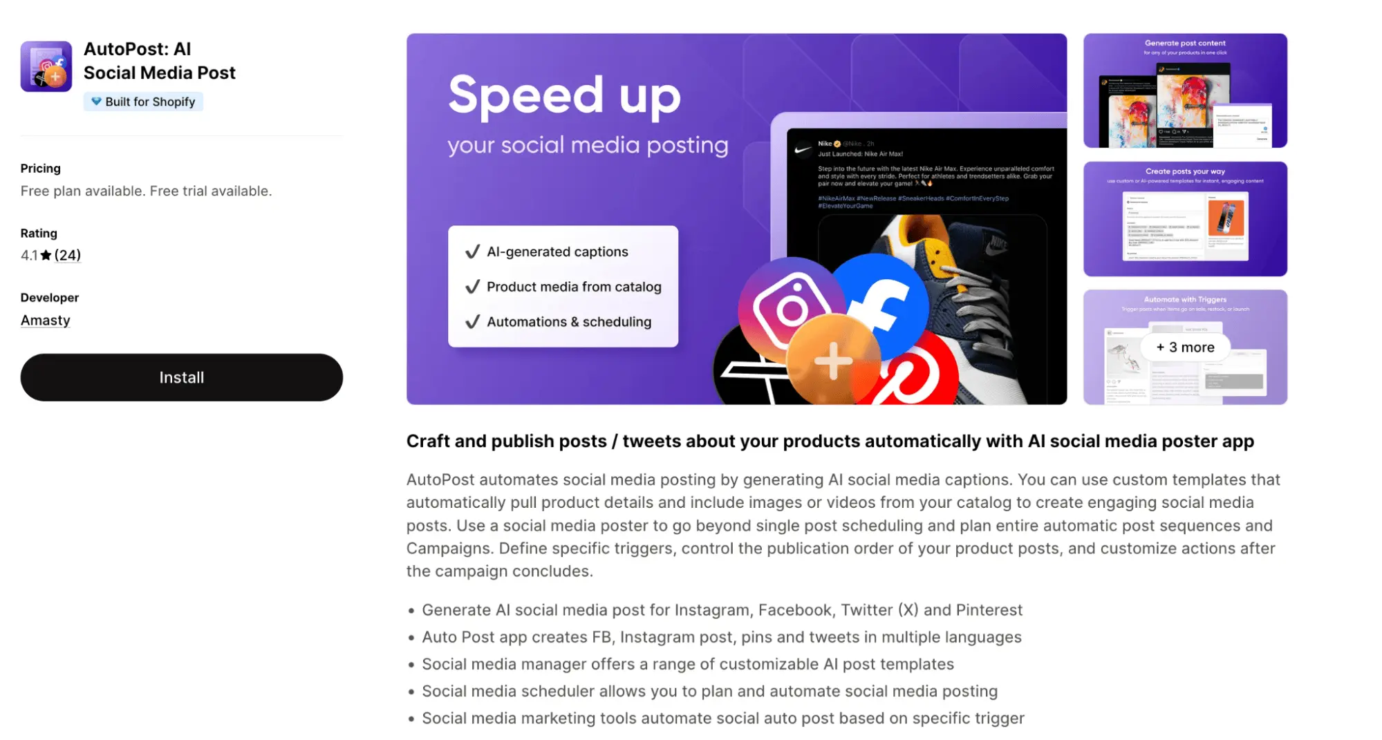 AutoPost AI Social Media Post listing by Amasty on the Shopify App Store with AI caption and scheduling features