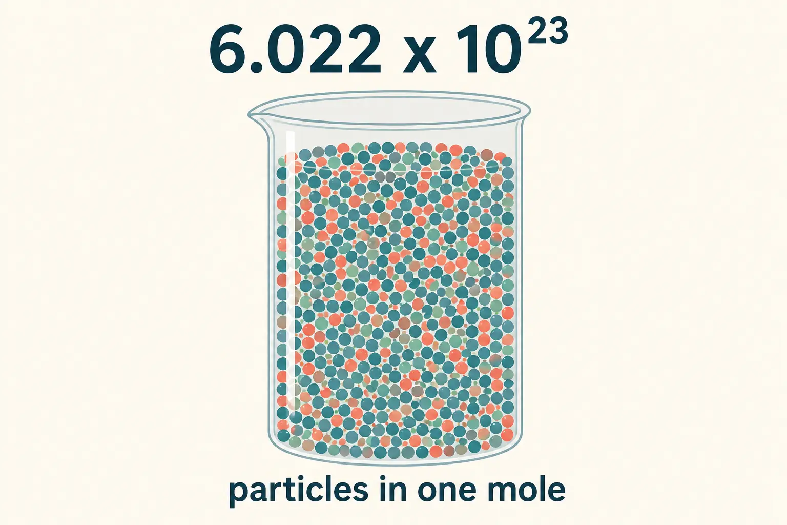 A beaker of countless coloured particles labeled 6.022 x 10 to the 23rd, the number of particles in one mole