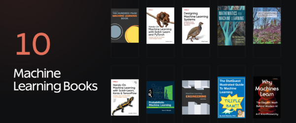Ten machine learning books covers arranged beside the number 10