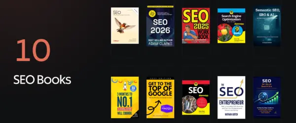 Ten seo books covers arranged beside the number 10