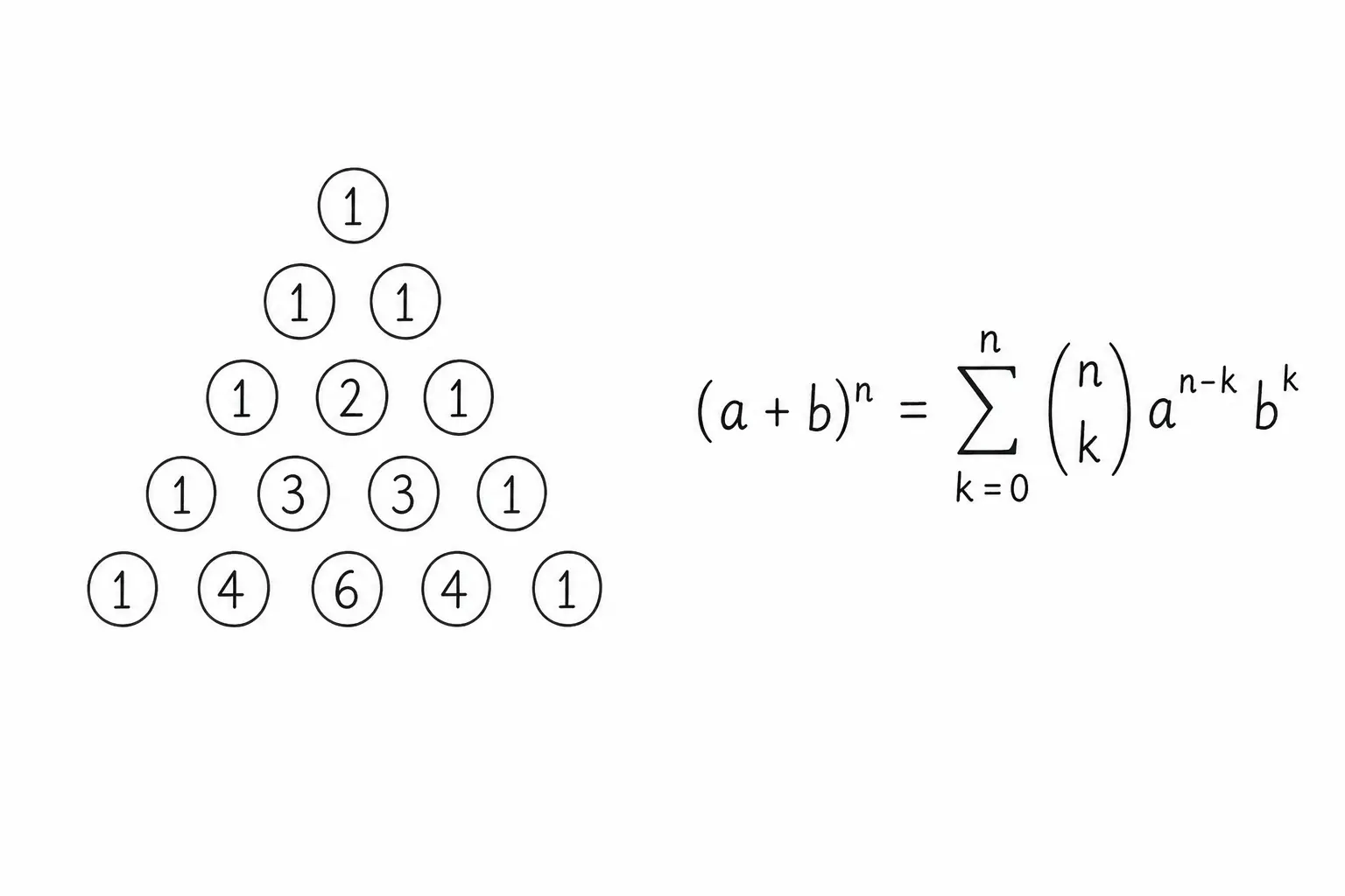 Pascal's triangle beside the binomial expansion as a sum of n choose k times a to the n minus k times b to the k