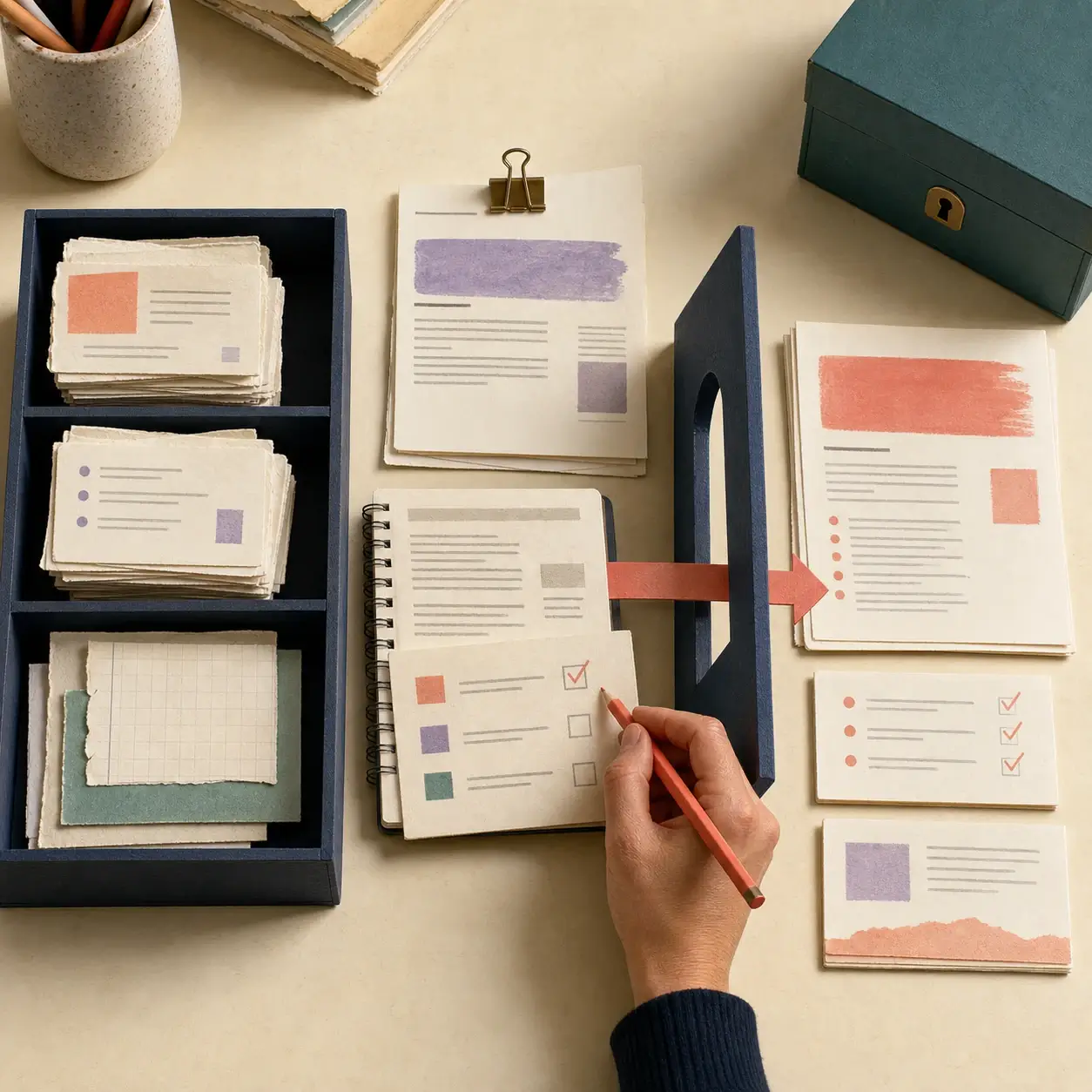 Publishing workbench where source cards are sorted, a human editor verifies evidence at a gate, approved material becomes an article and checklist, and private data remains locked away.
