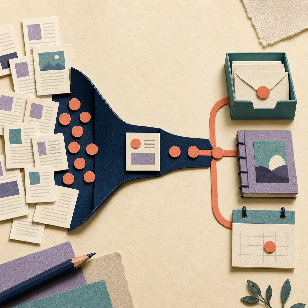 Paper publishing workflow showing many article cards entering a narrowing discovery channel while a smaller reader path continues to email, a digital product, and a client calendar.