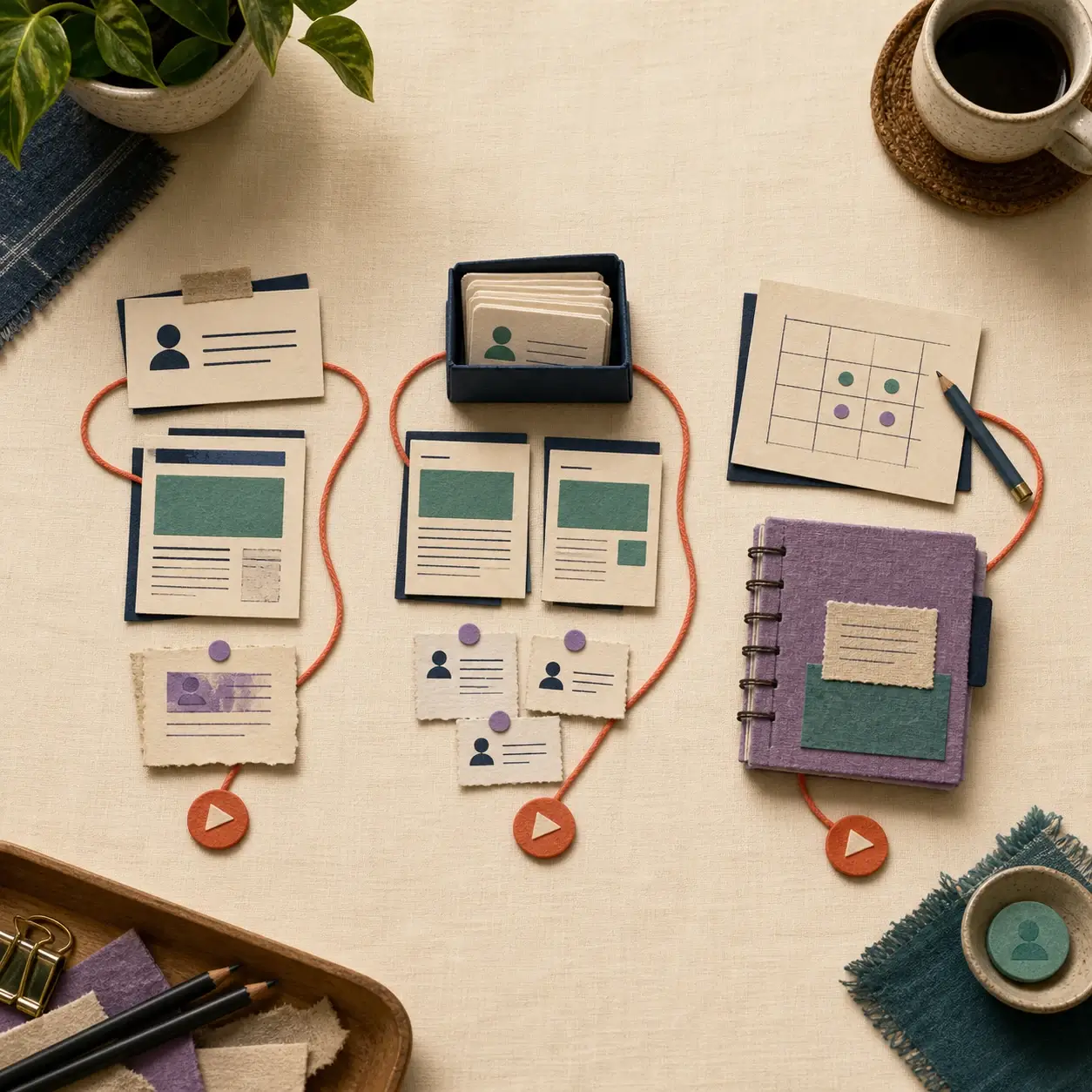 Three-stage blog monetization worktable showing one revenue path built from a reader problem, strengthened with supporting content and feedback, then measured and turned into a small product.