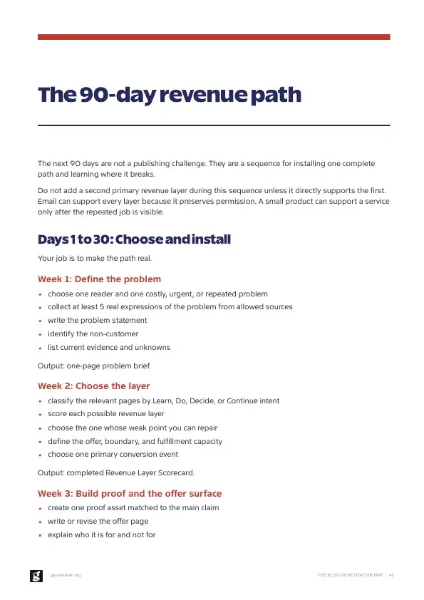 Book page outlining the first 30 days of the 90-day revenue path