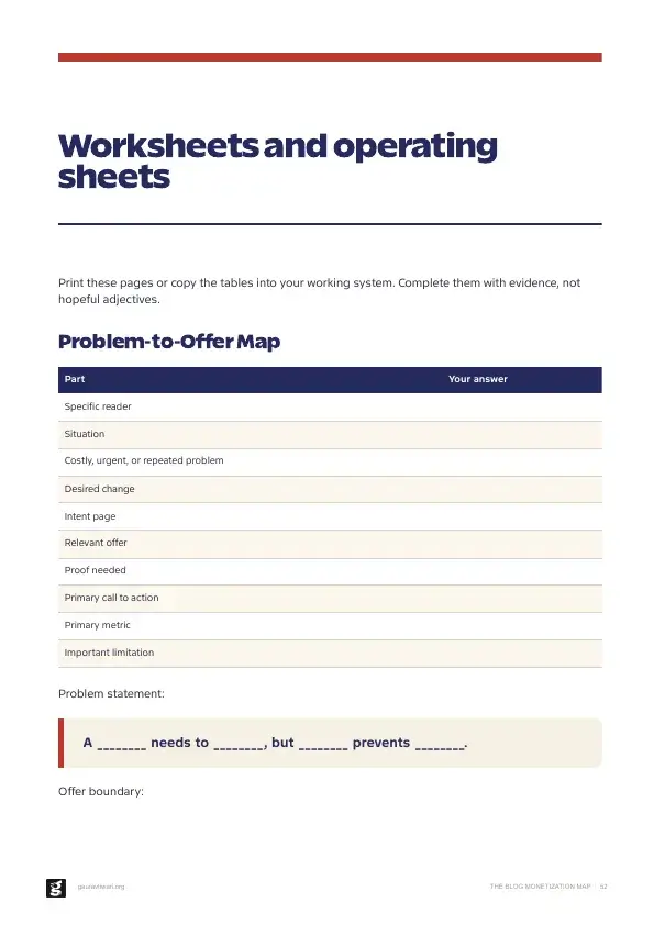 Book worksheet page with the Problem-to-Offer Map