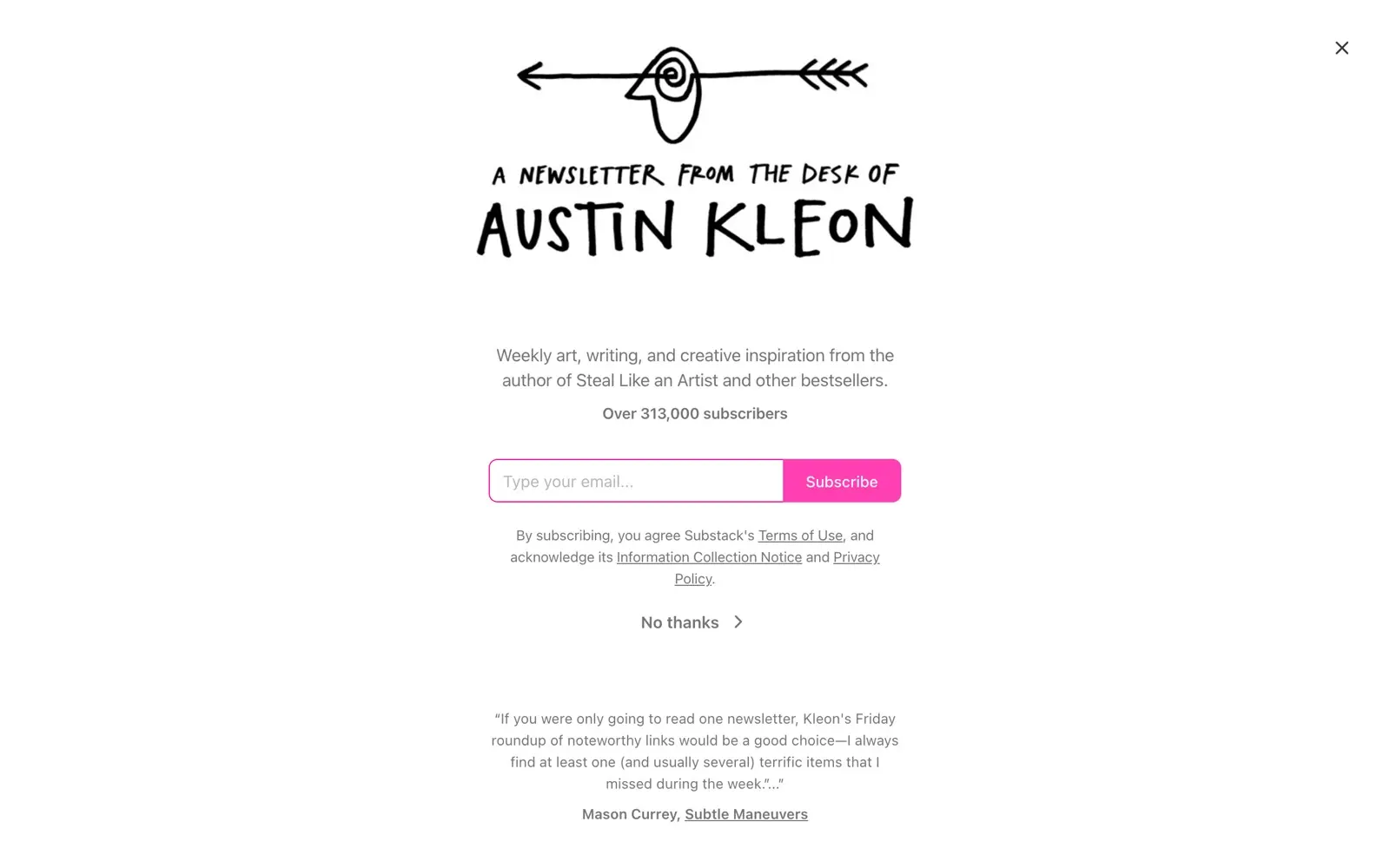 Austin Kleon homepage showing posts on creativity and books