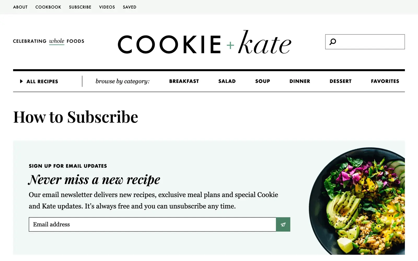 Cookie and Kate homepage showing vegetarian recipes and food photography