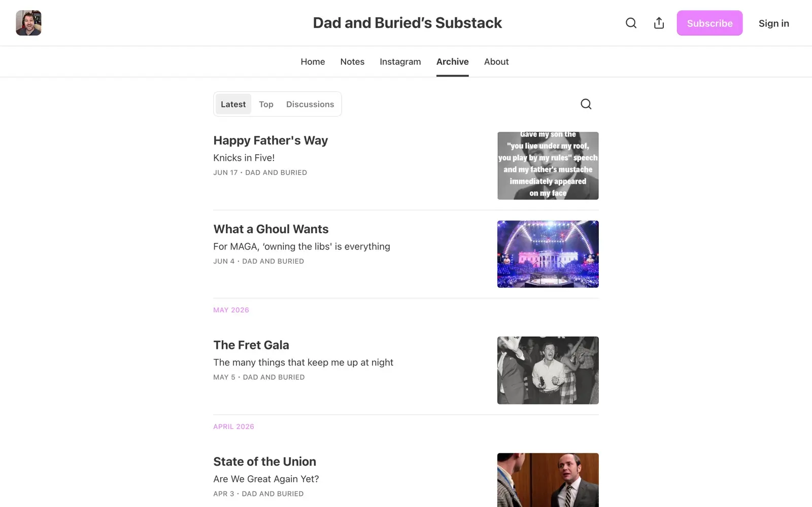 Dad and Buried Substack archive listing recent posts