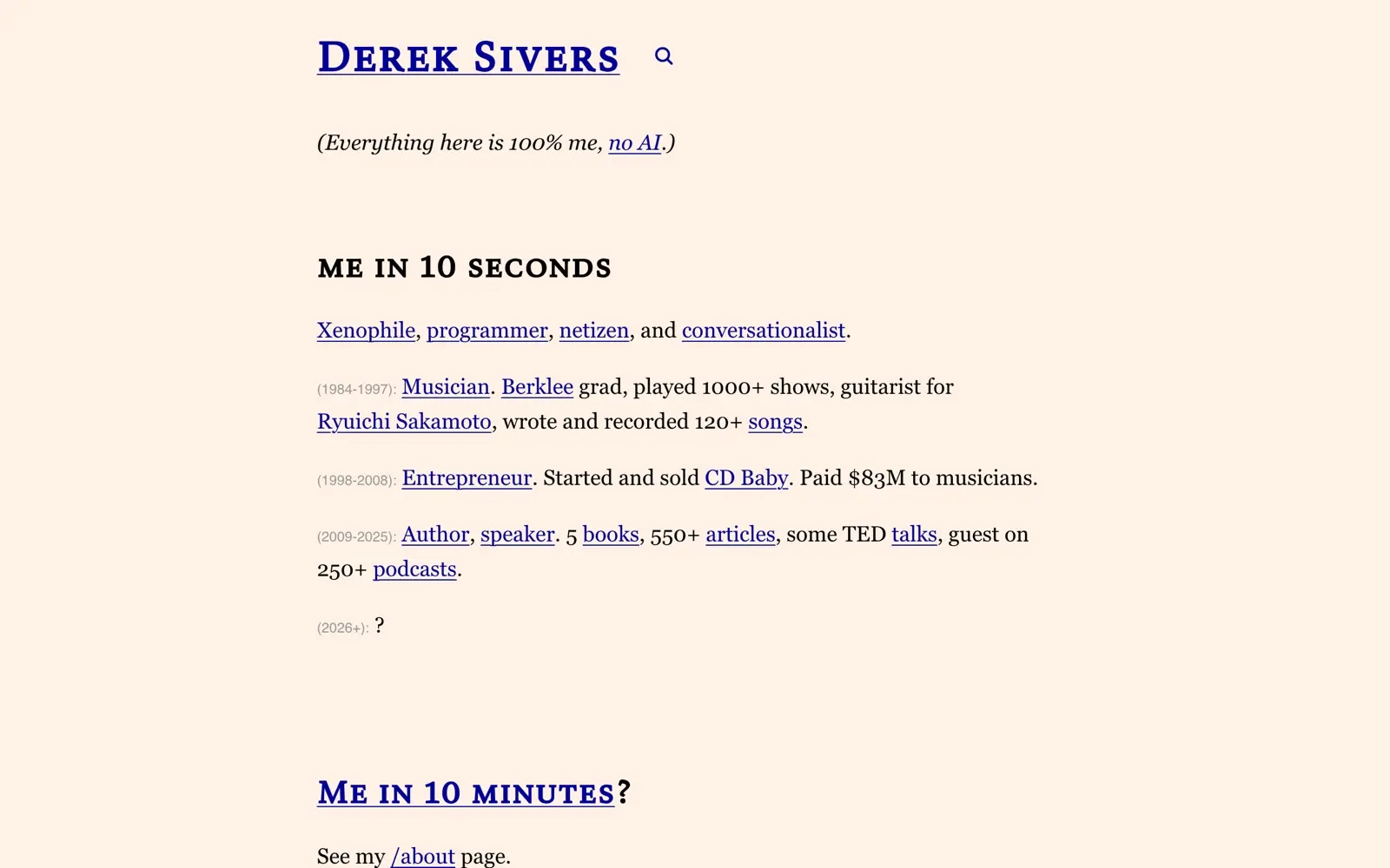 Derek Sivers homepage showing his short philosophical posts