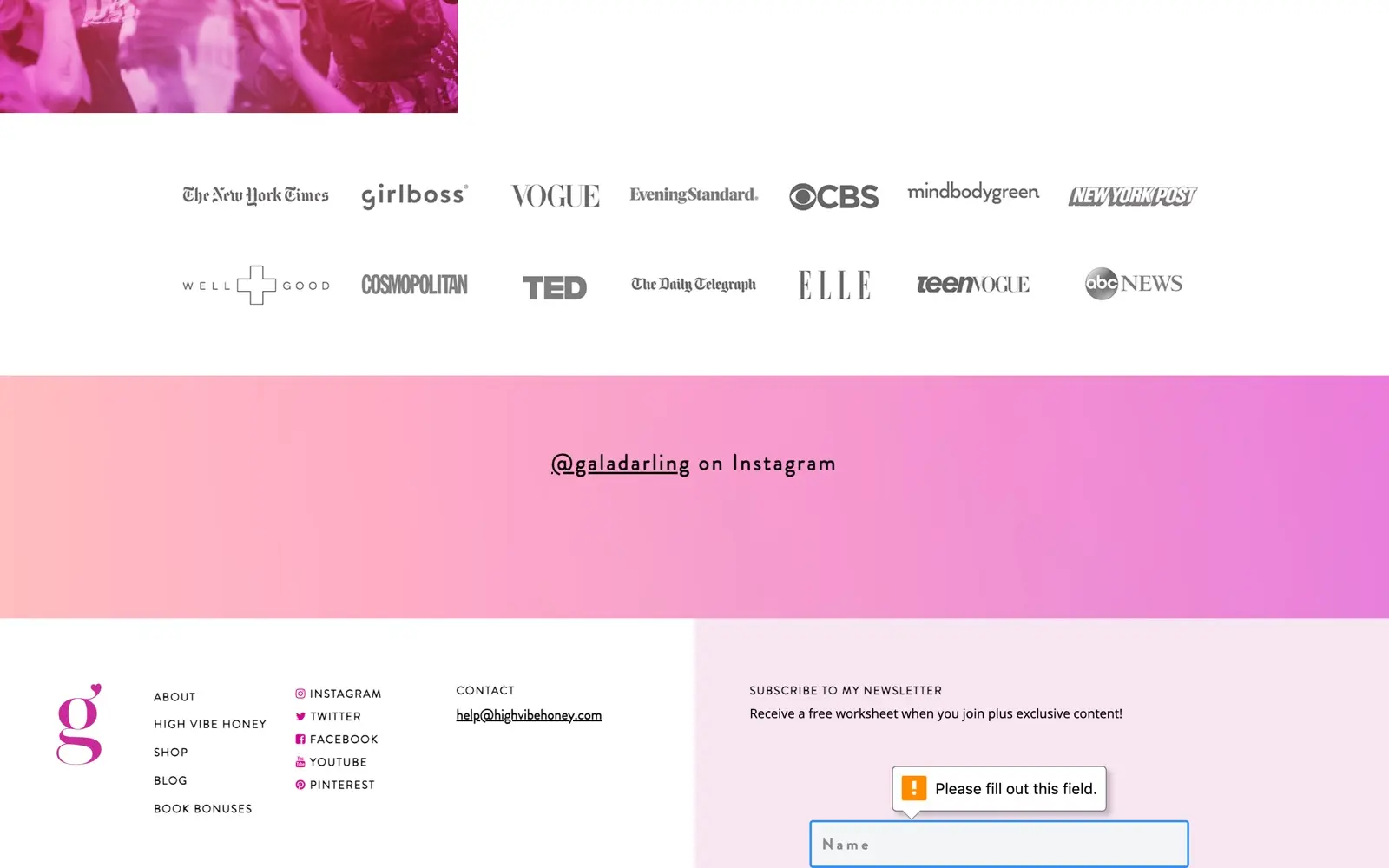 Gala Darling homepage showing her self-love programs and archive
