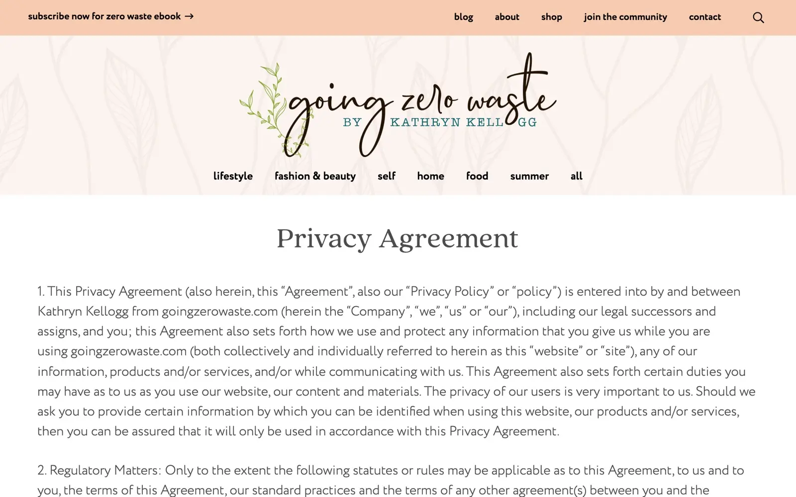 Going Zero Waste homepage showing sustainable living guides