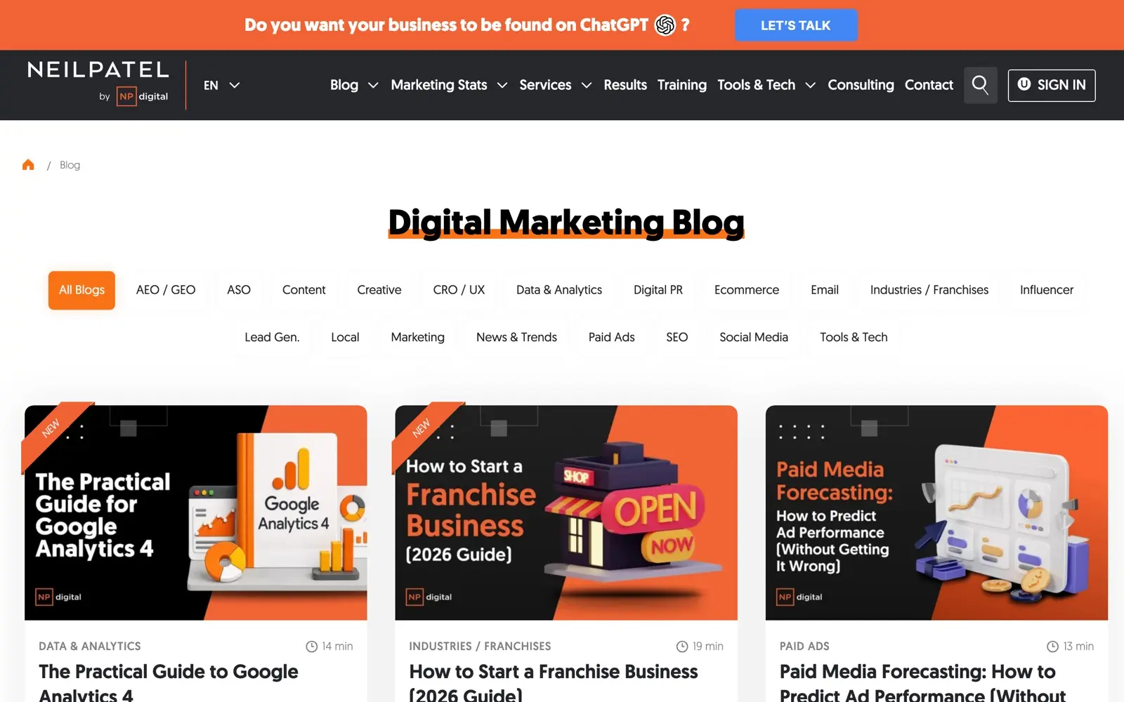 Neil Patel blog index showing posts from multiple staff authors