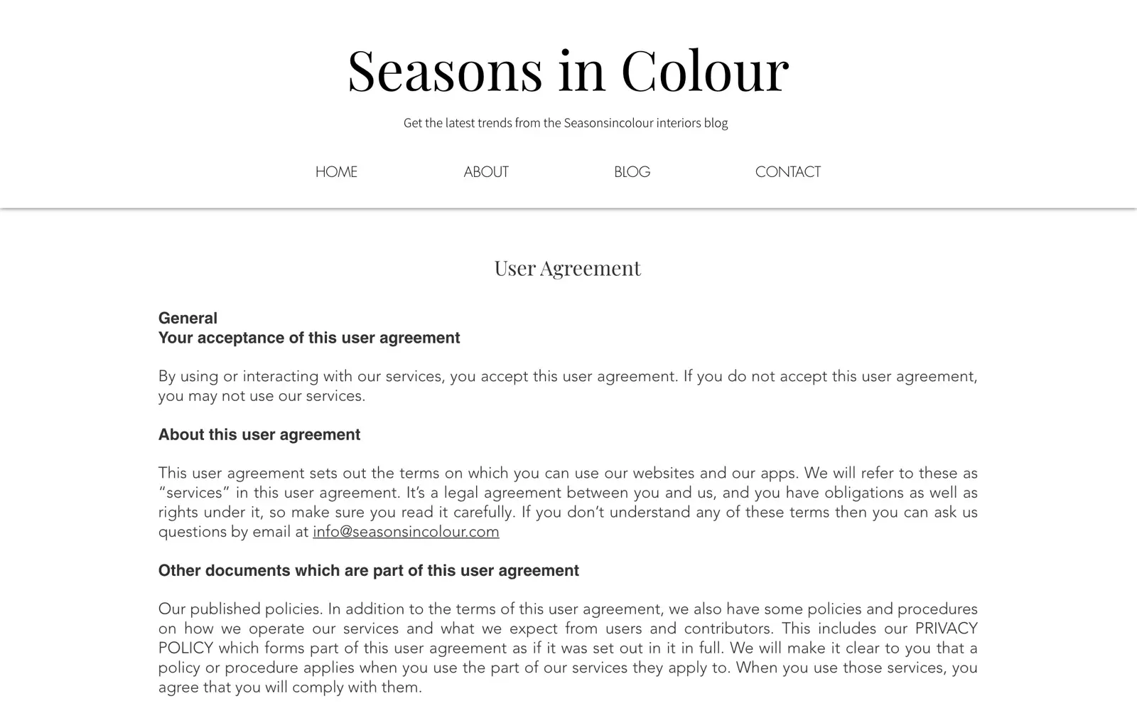 Seasons in Colour homepage showing interiors and lifestyle features