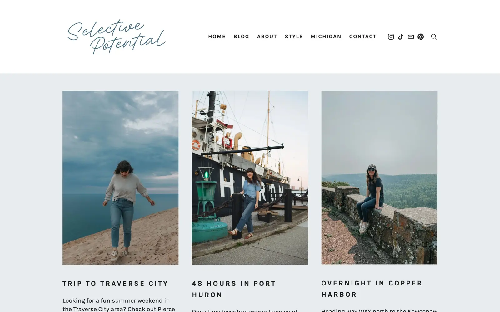 Selective Potential homepage showing Michigan travel and personal style posts