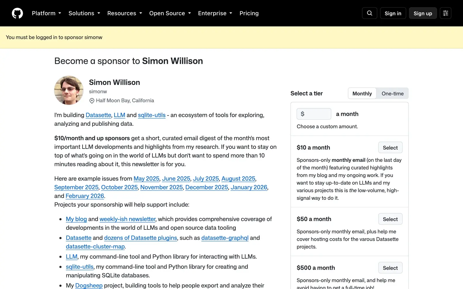 Simon Willison's Weblog homepage listing recent AI and software entries