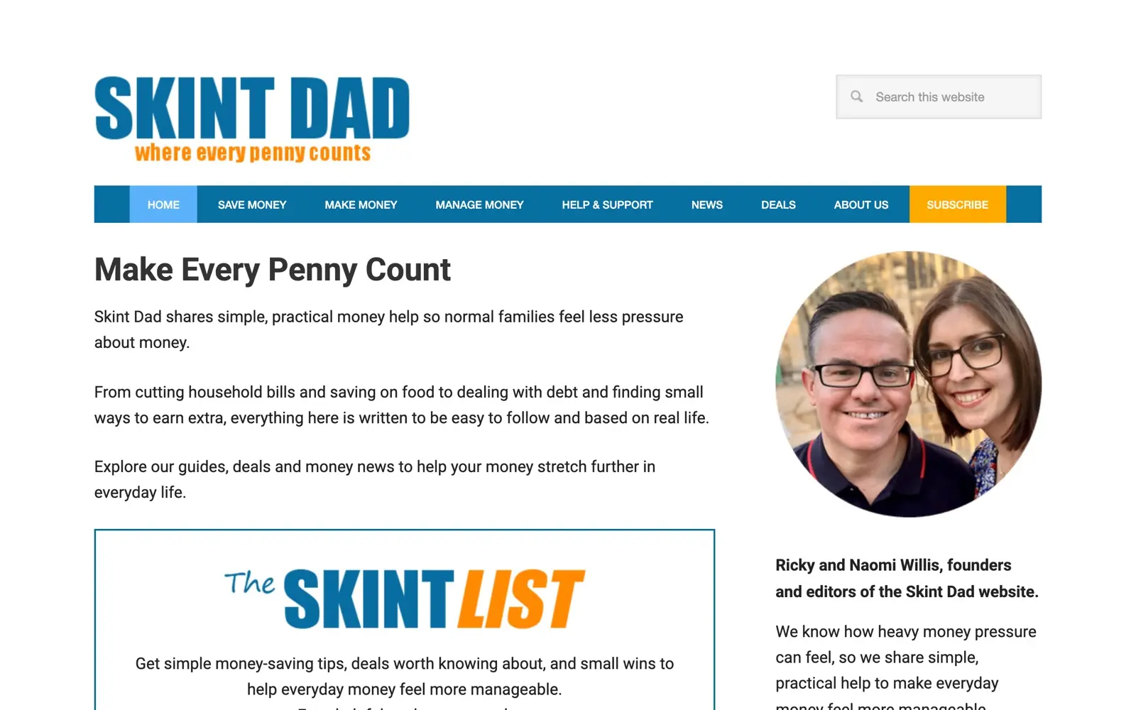 Skint Dad homepage showing UK money-saving guides
