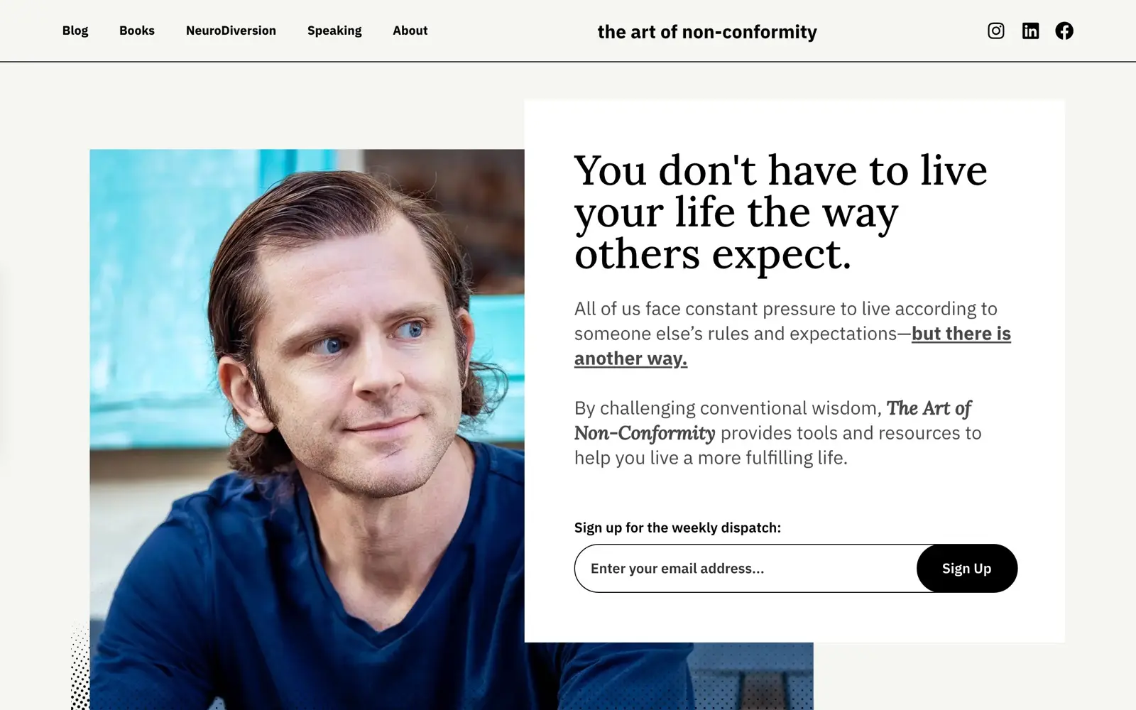 The Art of Non-Conformity homepage showing essays on life and work