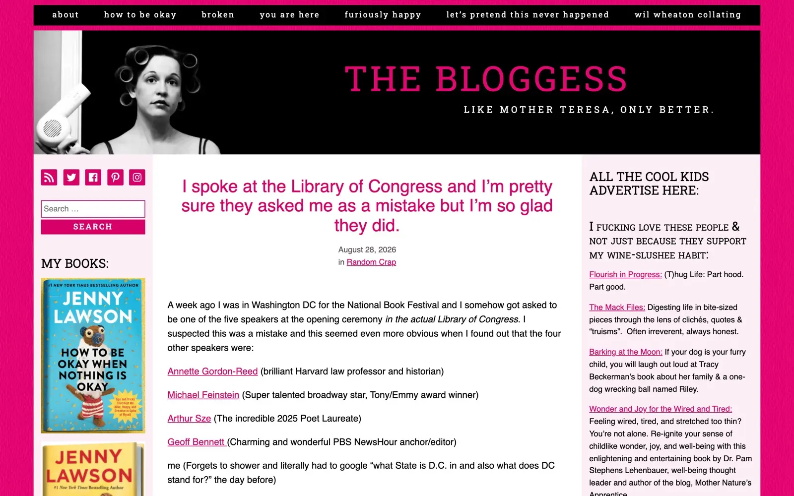 The Bloggess homepage showing Jenny Lawson's humor and mental-health writing