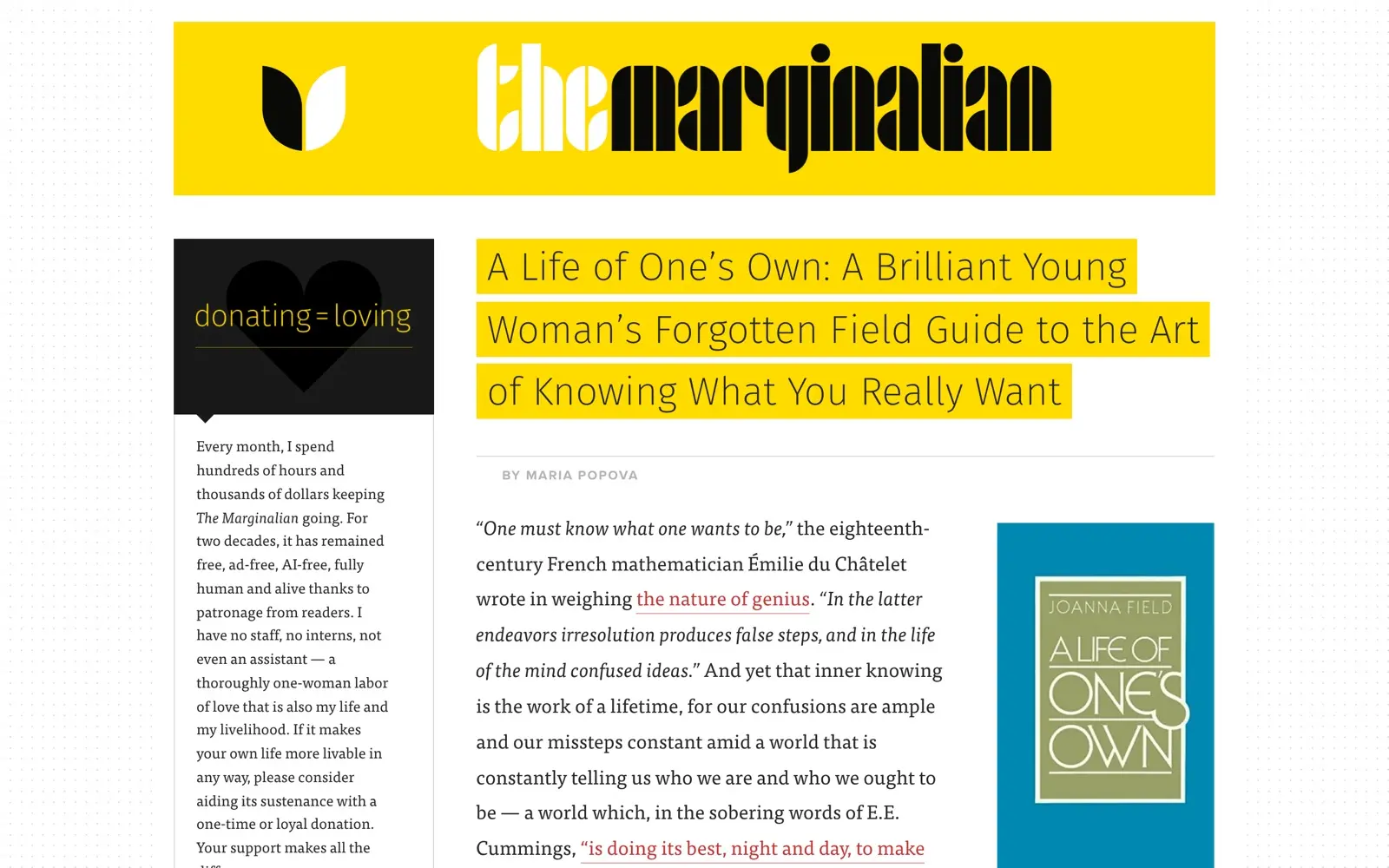 The Marginalian homepage showing its long-form essays on books and meaning