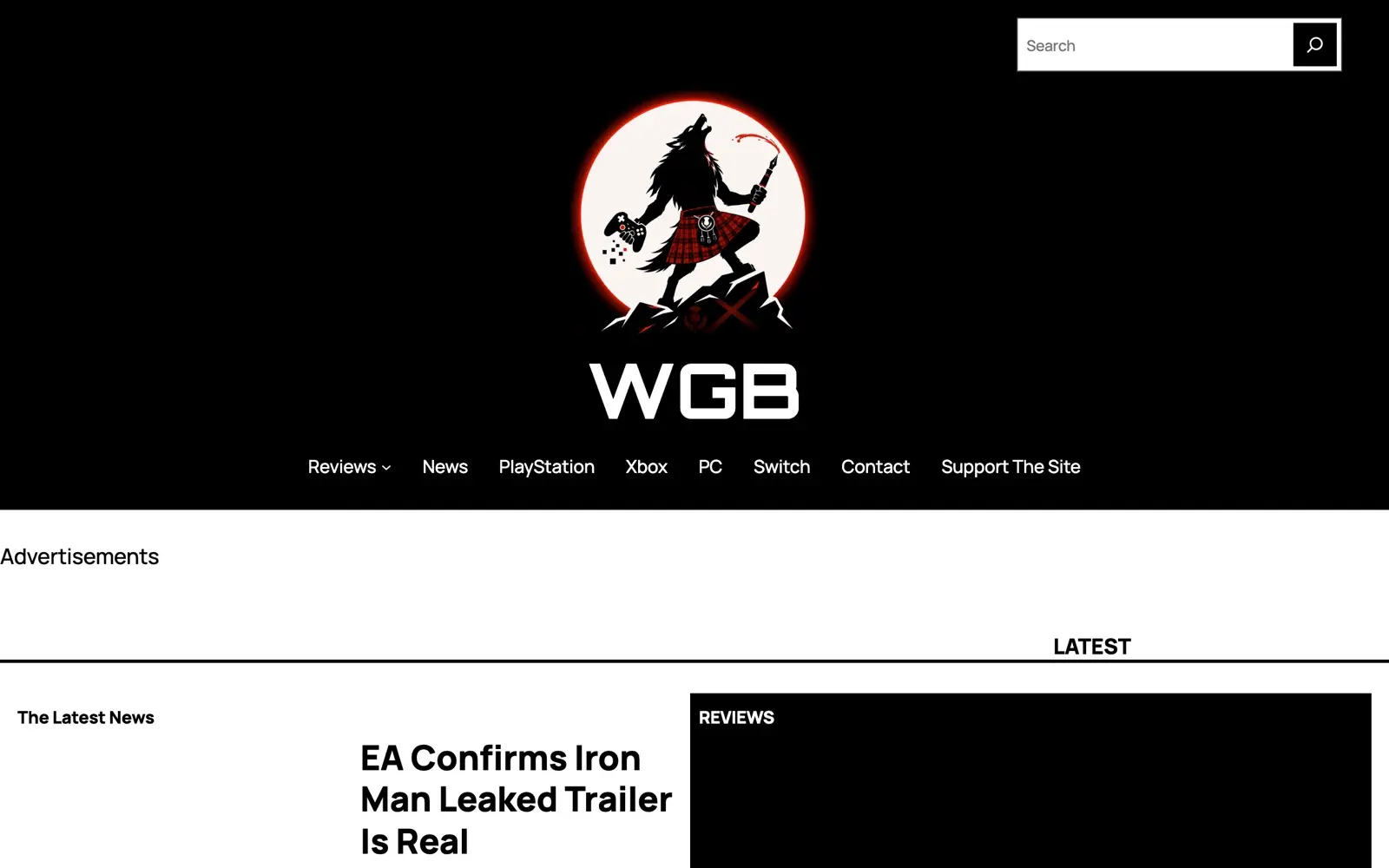 Wolf's Gaming Blog homepage listing recent game news and reviews