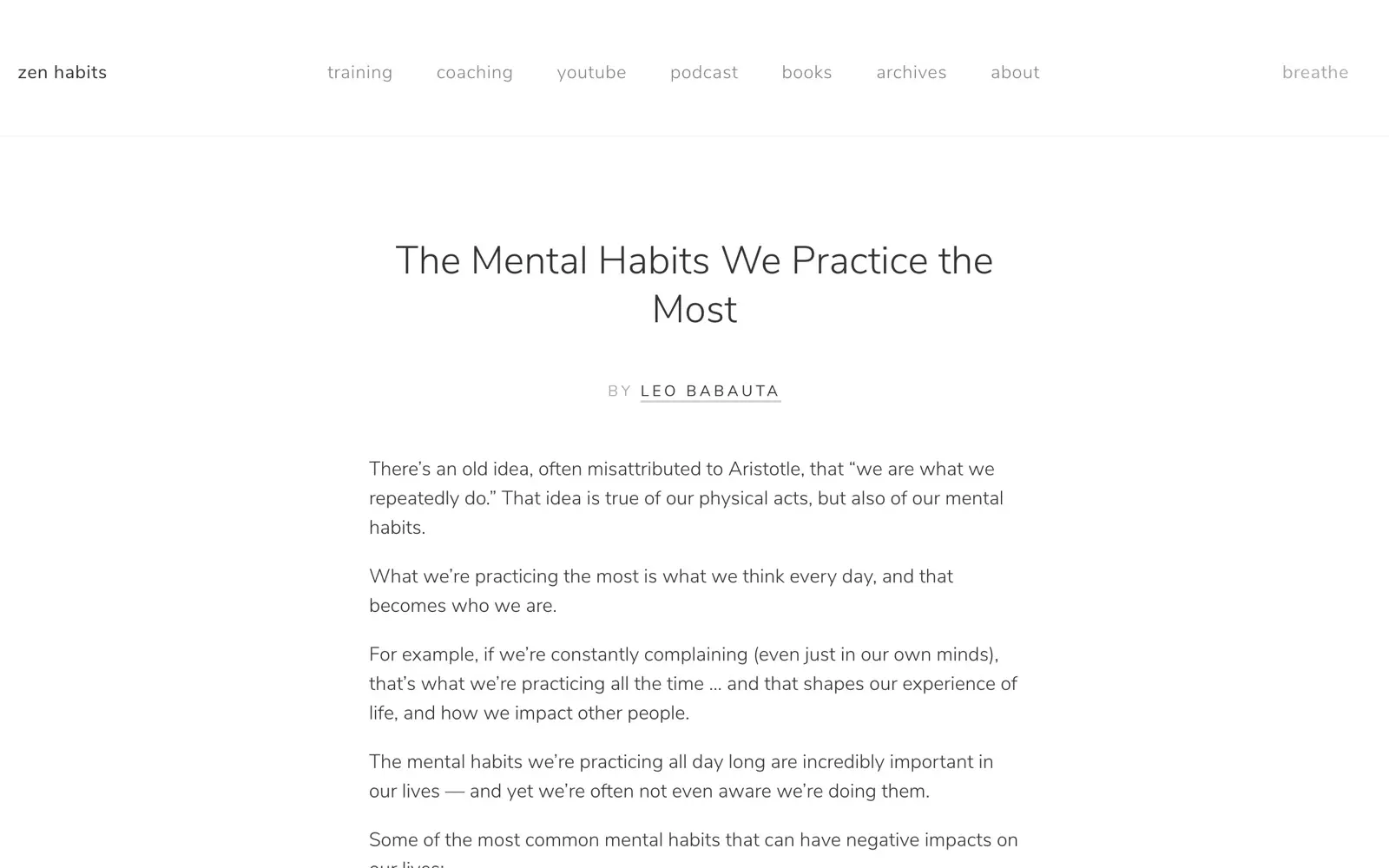Zen Habits homepage showing its minimal layout and habit-focused posts