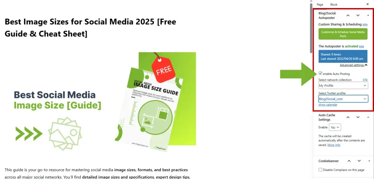 Blog2Social autoposter panel in the WordPress block editor with auto-posting enabled for a connected profile