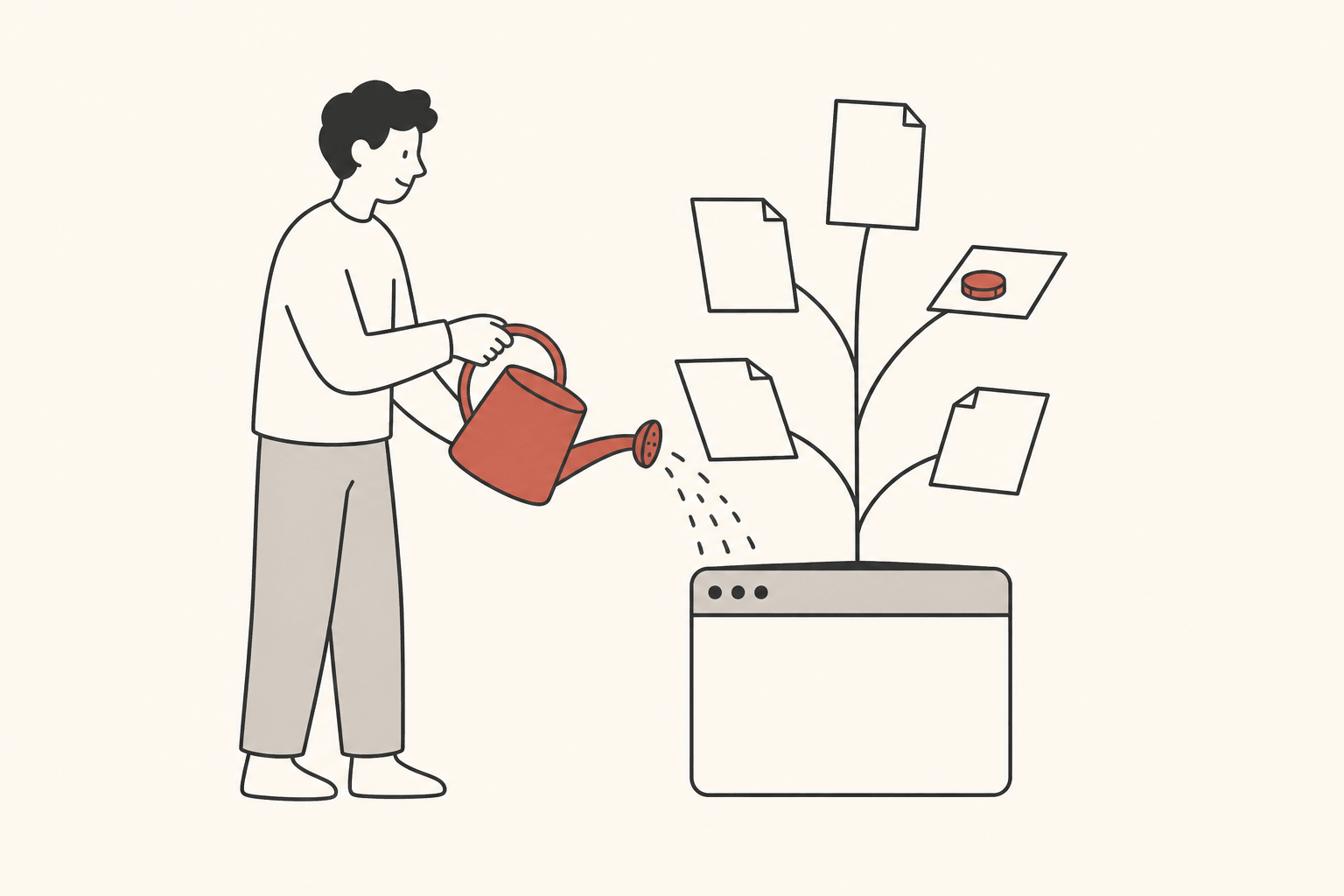 A figure waters a plant growing from a browser-window planter, its leaves shaped like pages, one holding a coin