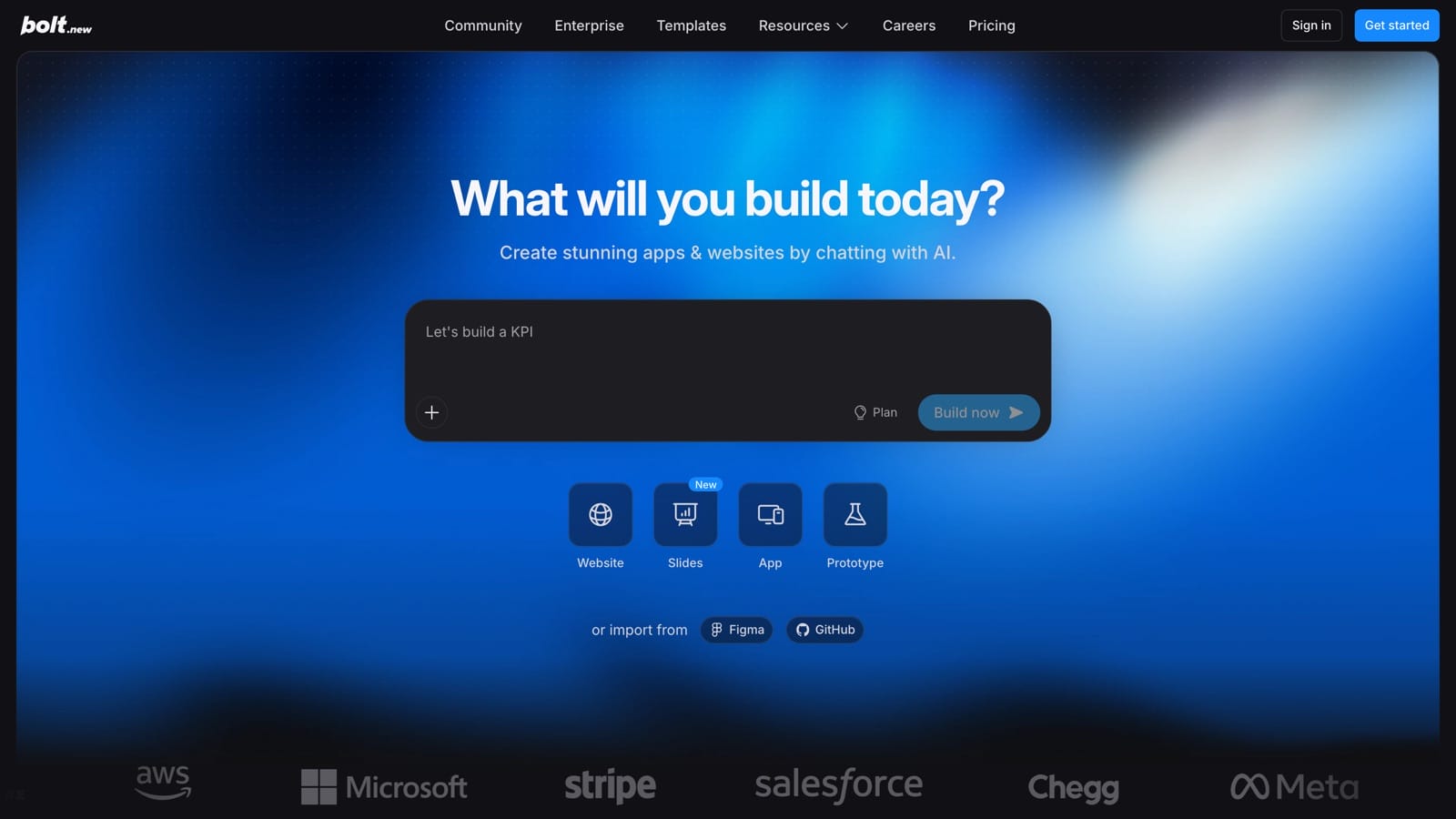 Bolt.new home page with a build prompt box and website, slides, app and prototype options
