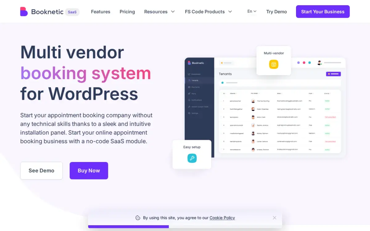 Booknetic SaaS multi-vendor booking system for WordPress with a tenant management dashboard
