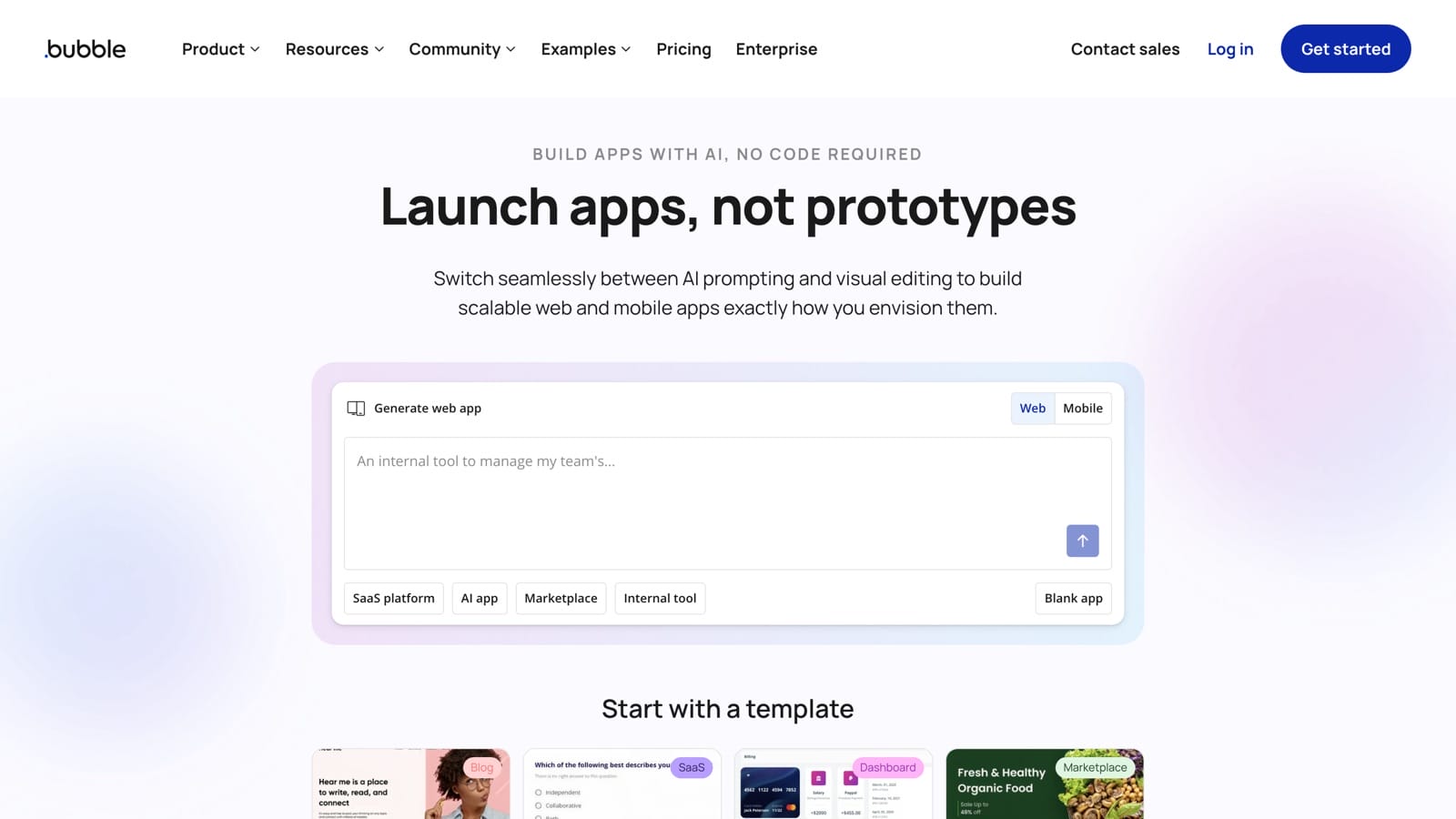 Bubble home page describing its no-code web and mobile app builder