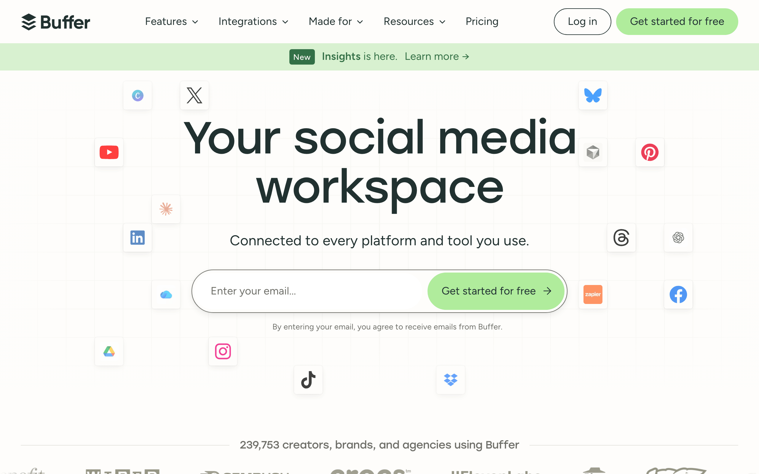 Buffer homepage: one social media workspace connected to every platform