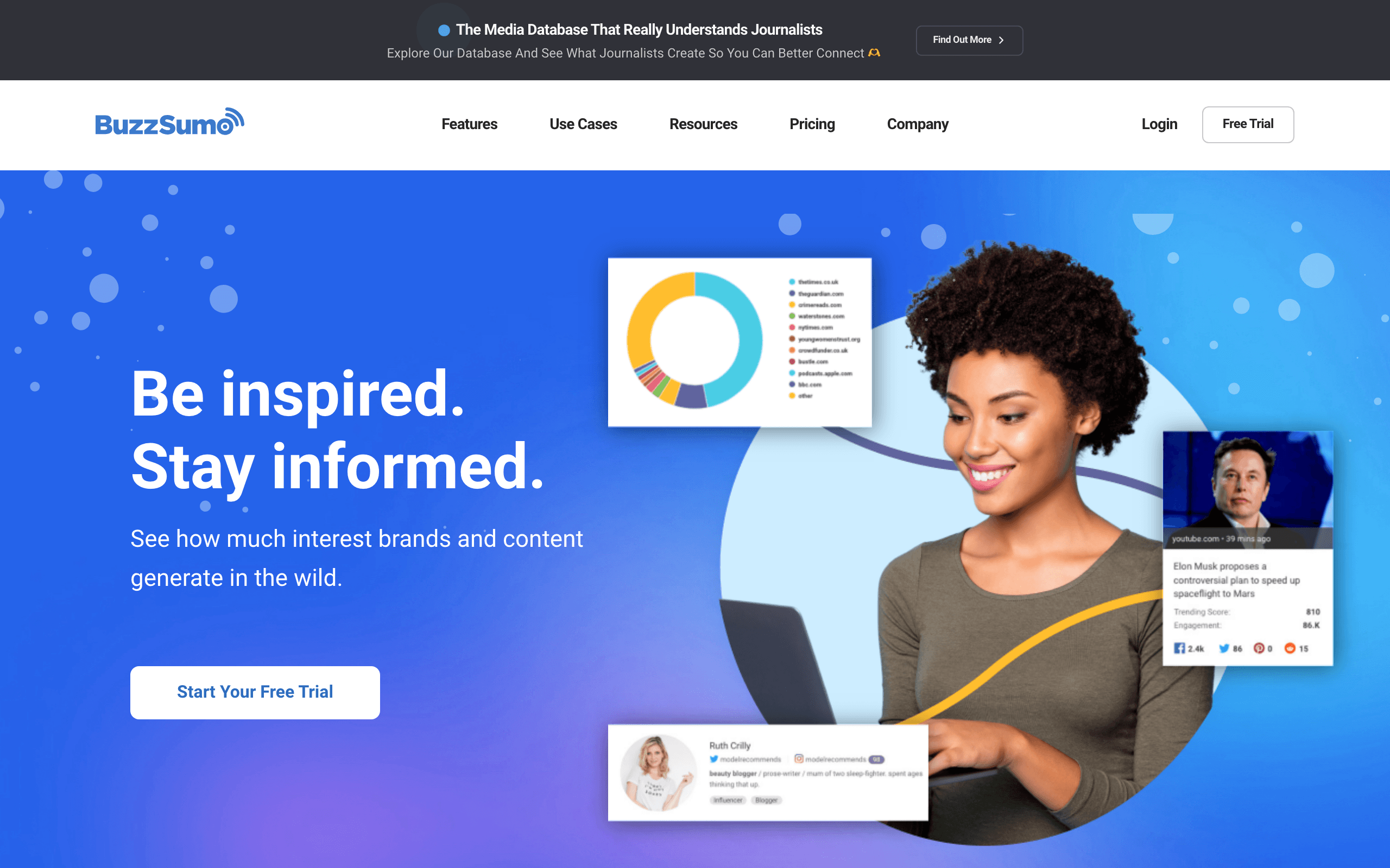 BuzzSumo homepage showing content and interest analysis for brands