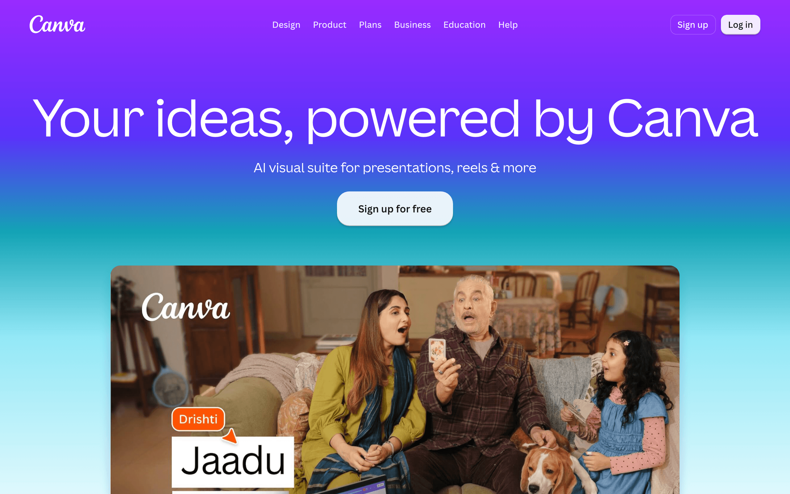 Canva homepage: AI visual suite for presentations, reels and social graphics