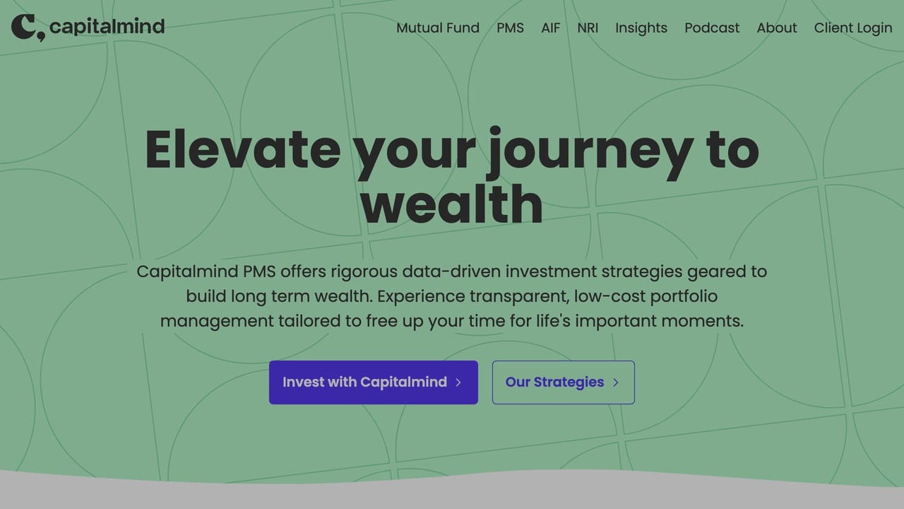 Capitalmind homepage with mutual fund, PMS, and insights navigation.