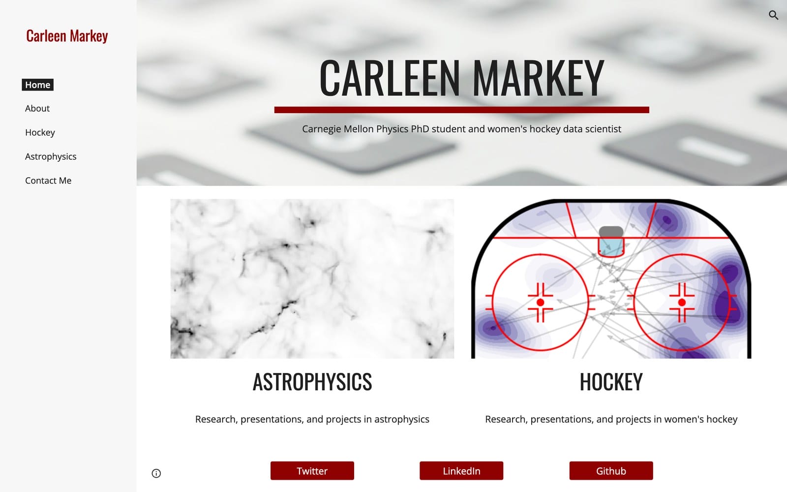 Carleen Markey portfolio homepage describing a Carnegie Mellon physics PhD student and women's hockey data scientist, with separate astrophysics and hockey research sections